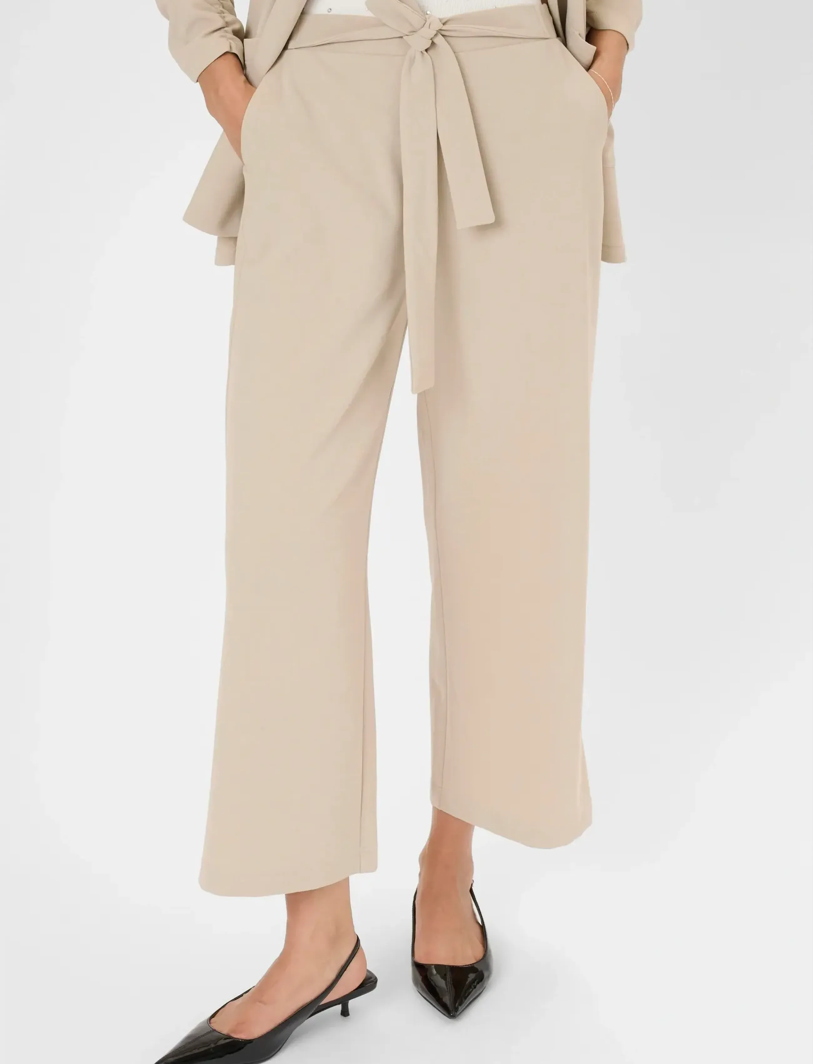 Kaffe Kaphoebe Pants Cropped, Kvinder, Korte Vide Ben Bukser Med Bindebånd, Beige, Str: XXL