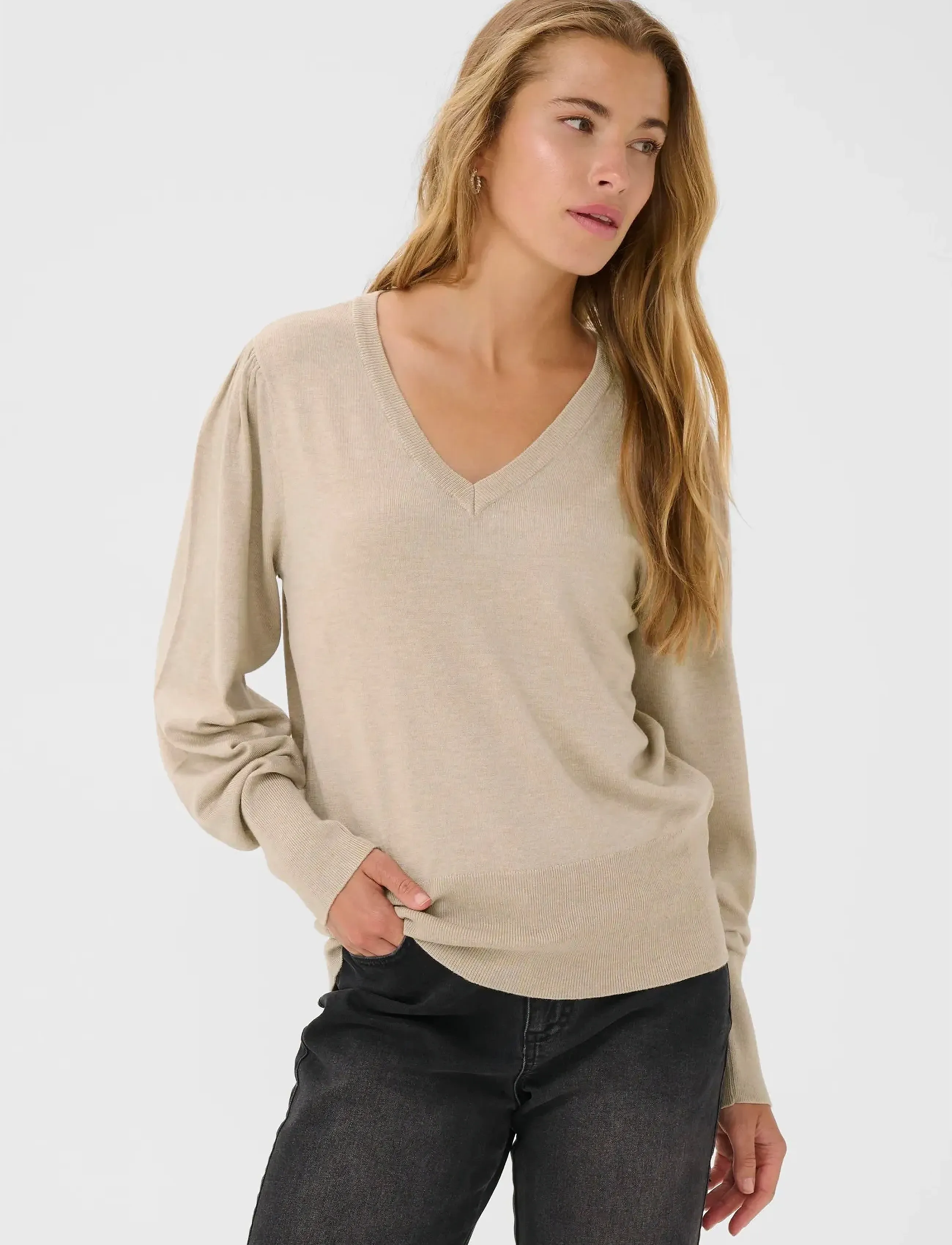 Kaffe Kalone V-Neck Pullover, XXL, Beige, Strik > Trøjer, Dame