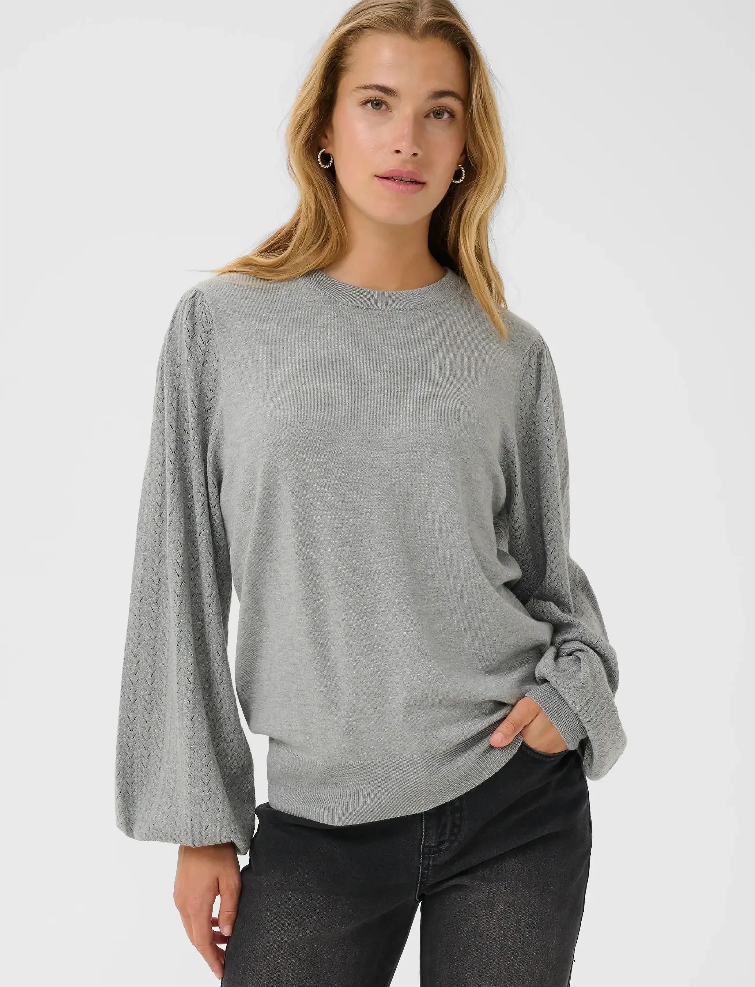 Kaffe Kalone Pointelle Pullover, M, Grey, Strik > Trøjer, Dame