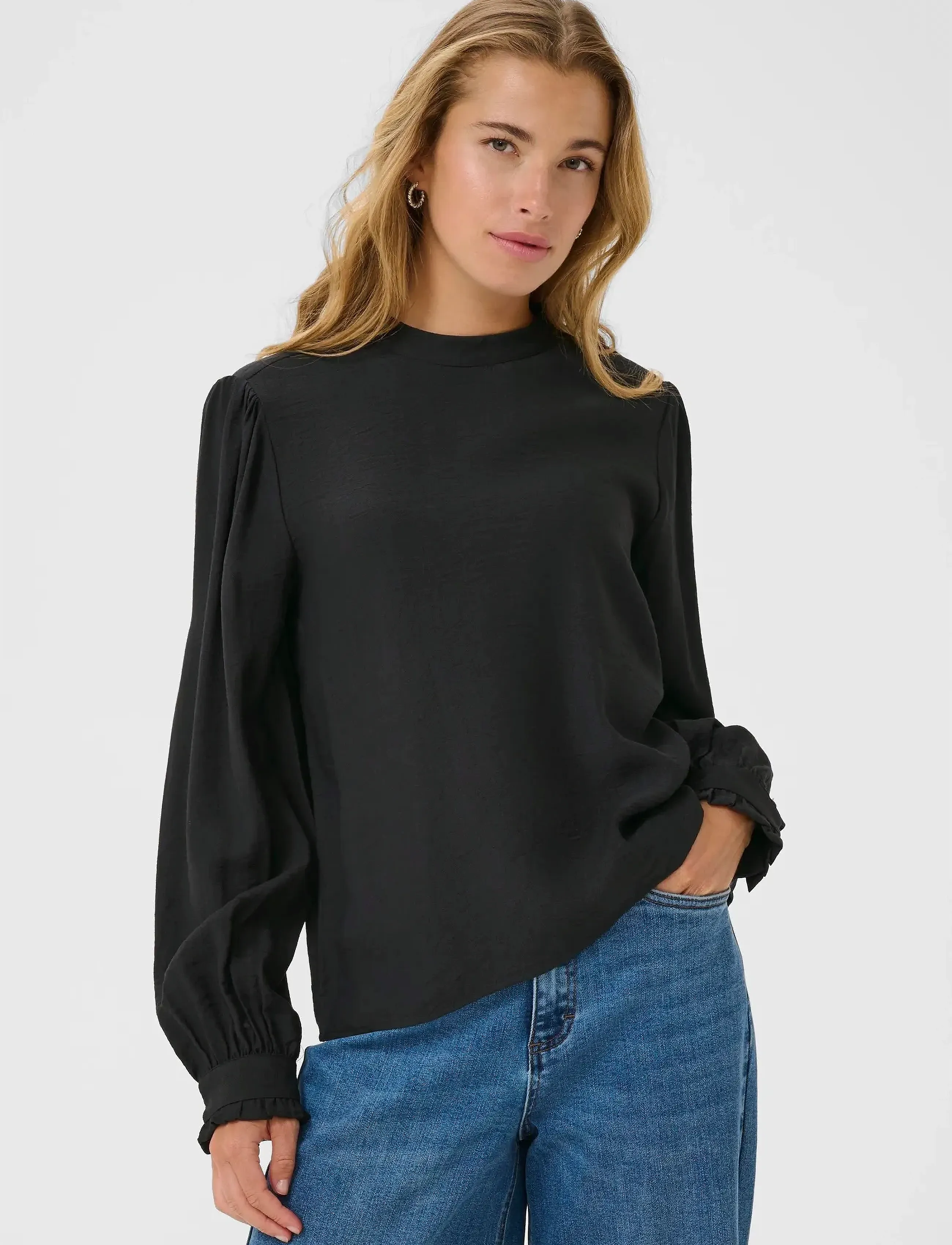 Kaffe Karea Solid Blouse, Kvinder, Højhalset Pufærmebluse, Sort, Str: 42