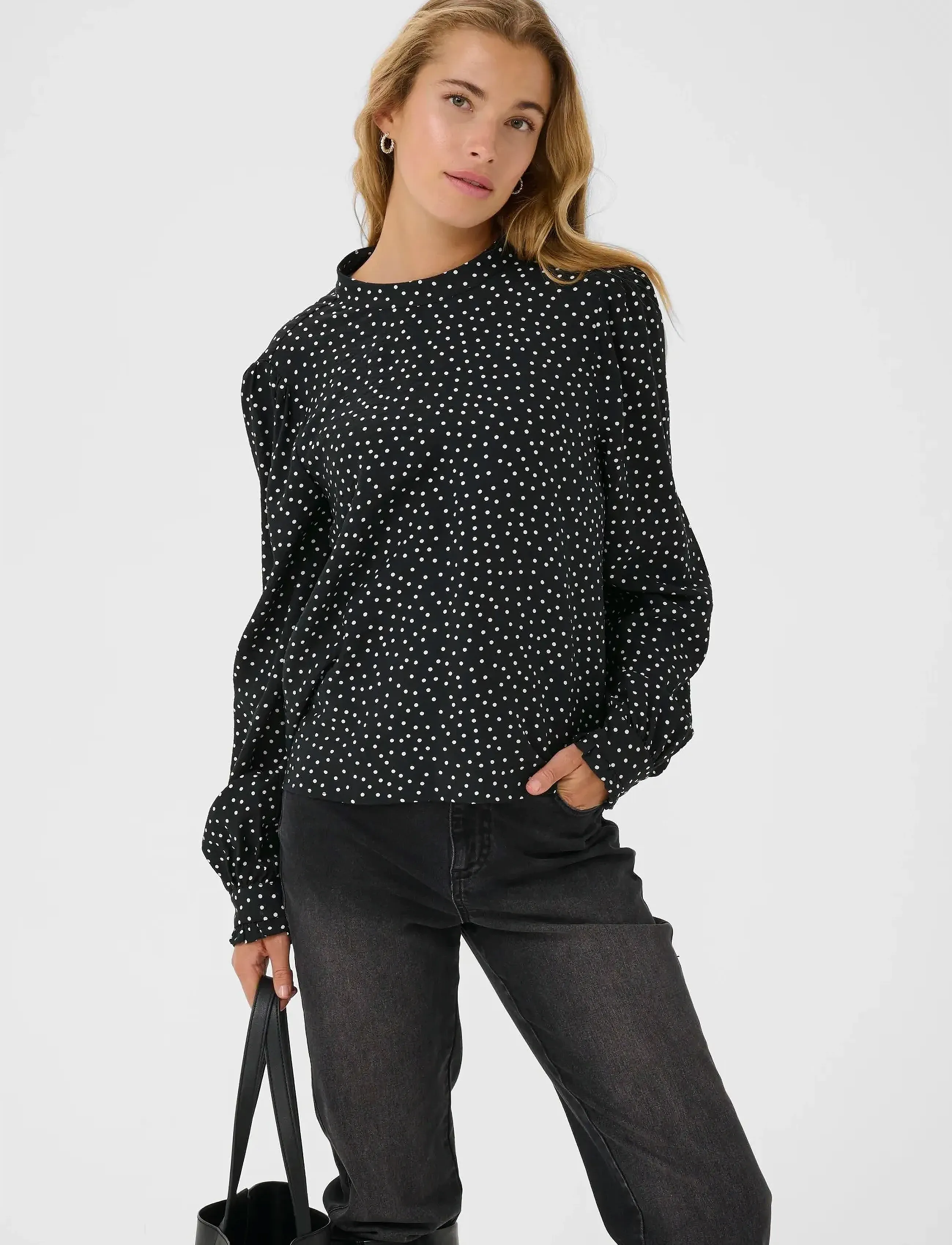 Kaffe Karea Printed Blouse, Kvinder, Højhalset Printet Bluse, Sort, Str: 42