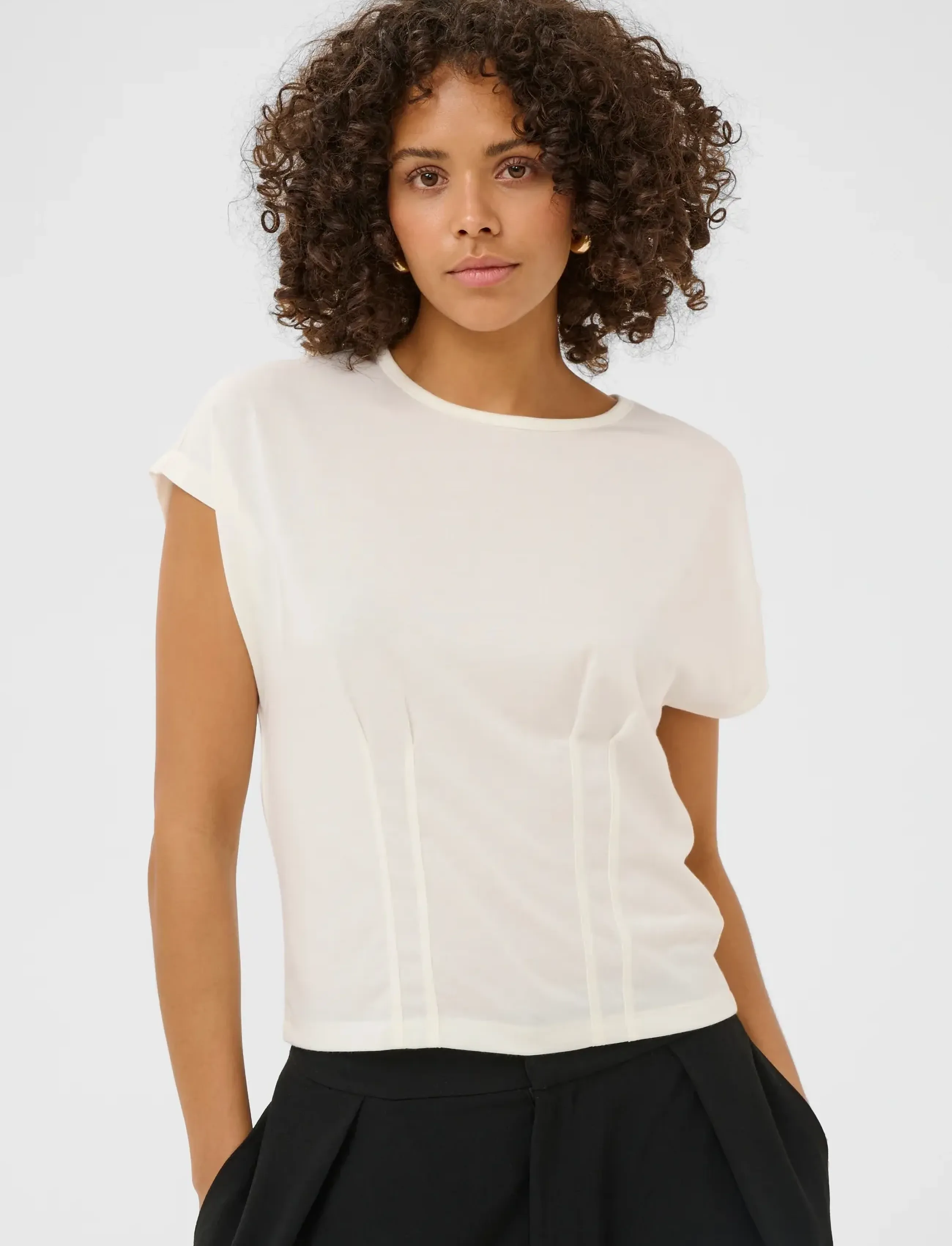 Kaffe Kalise Pleat Blouse, Kvinder, Kortærmet Plisseret Bluse, Cream, Str: XXL