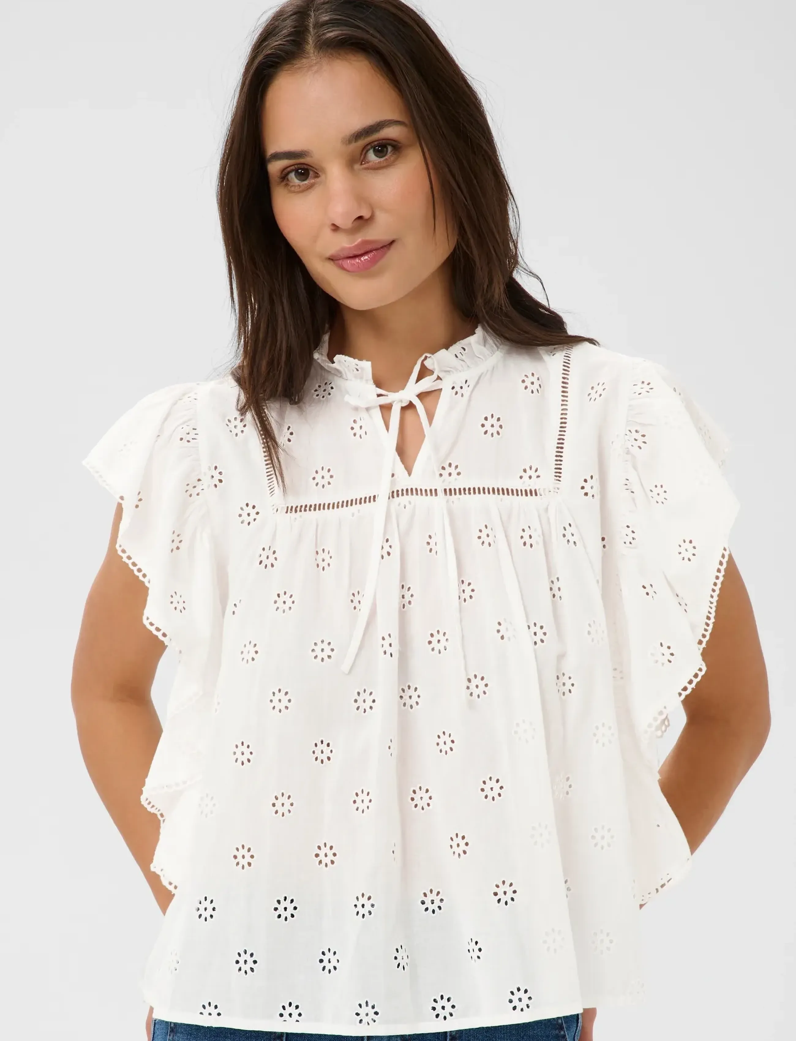 Kaffe Kafiona Frill Top, Kvinder, Broderie Anglaise Flæsetop, Hvid, Str: 46