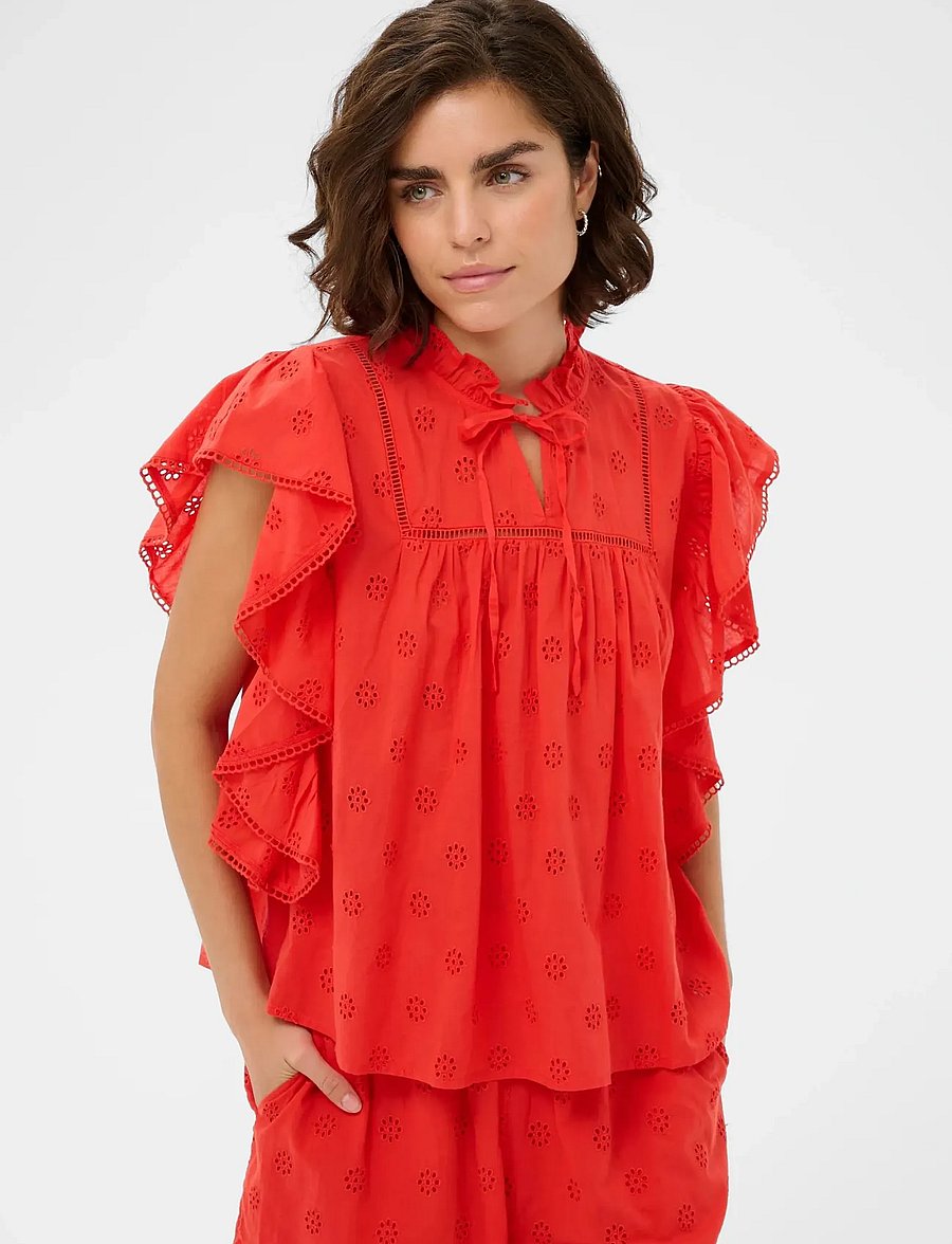Kaffe - KAfiona Frill Top - lühikeste varrukatega pluusid - poppy red - 0