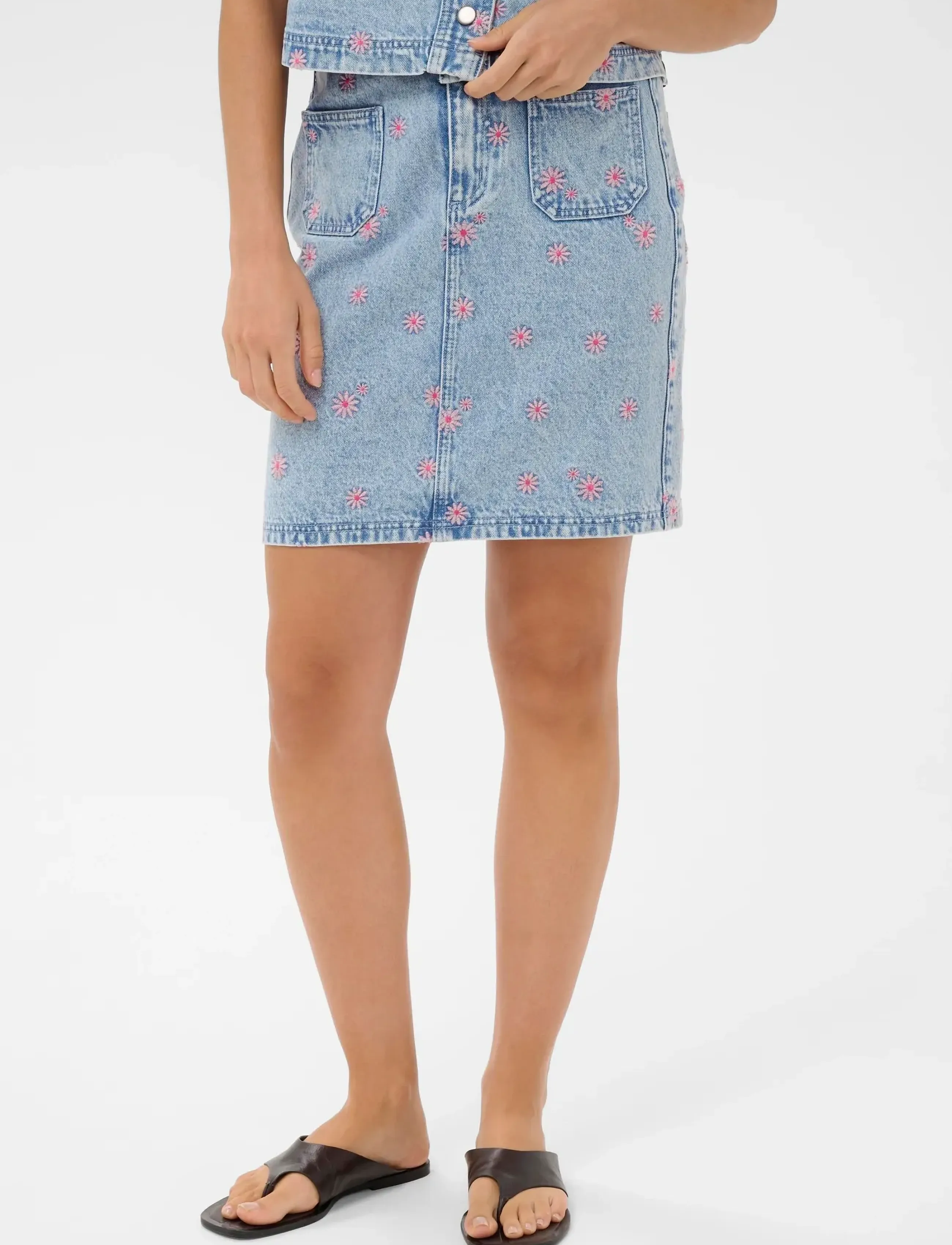 Kaffe Kababena Denim Skirt, Kvinder, Blomster Broderet Denim Mini Nederdel, Blå, Str: 42