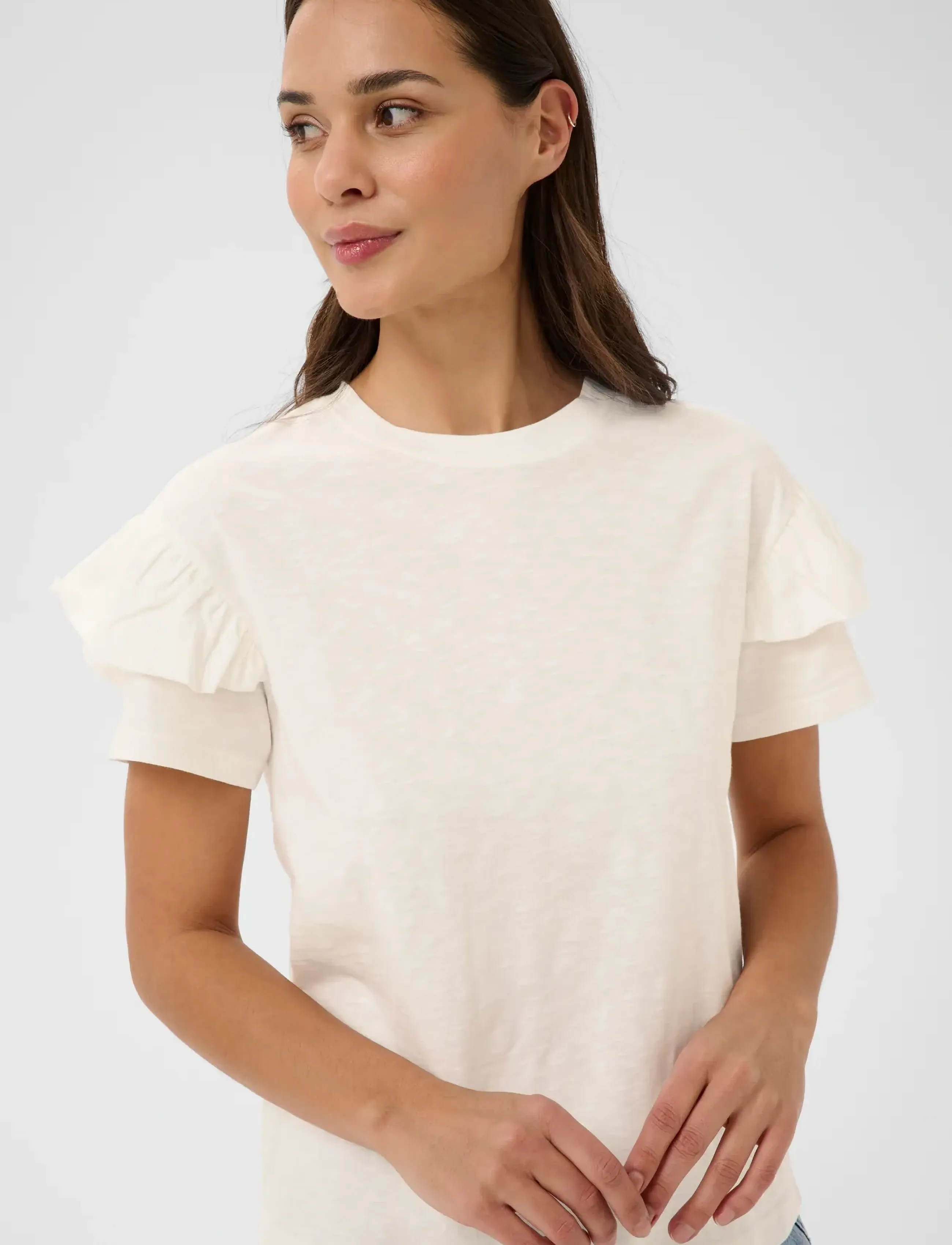 Kaffe Kaerin Flounce T-Shirt, S, Cream, T-Shirts & Toppe > Kortærmede, Dame
