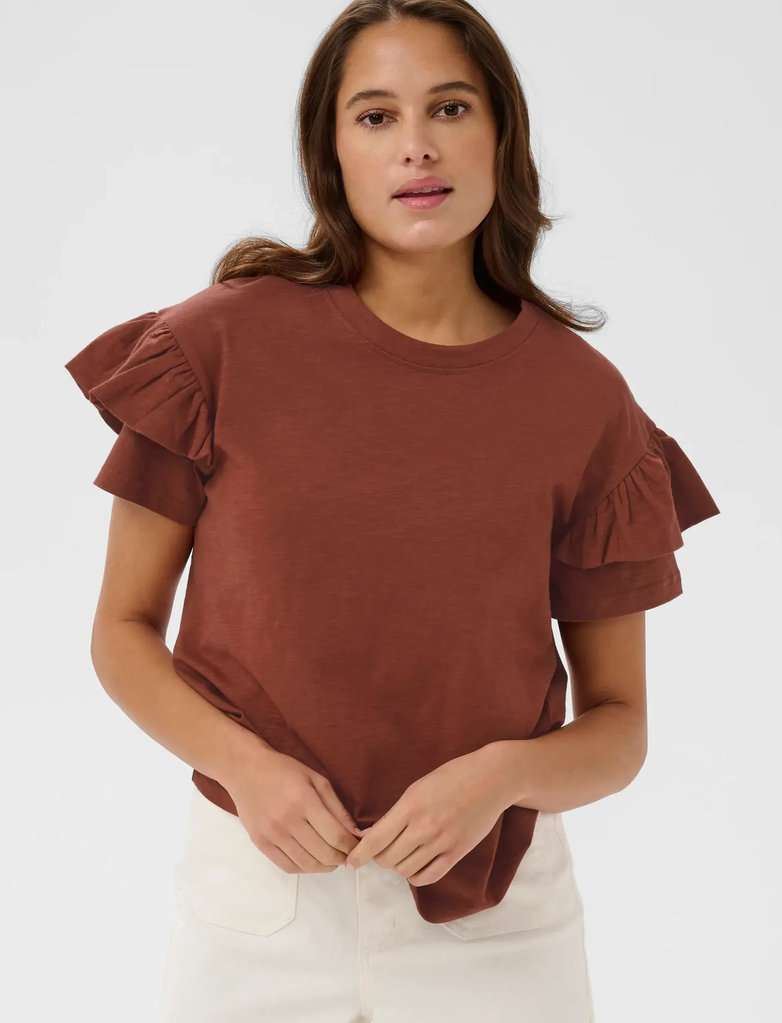 Kaffe Kaerin Flounce T-Shirt, XXL, Brown, T-Shirts & Toppe > Kortærmede, Dame