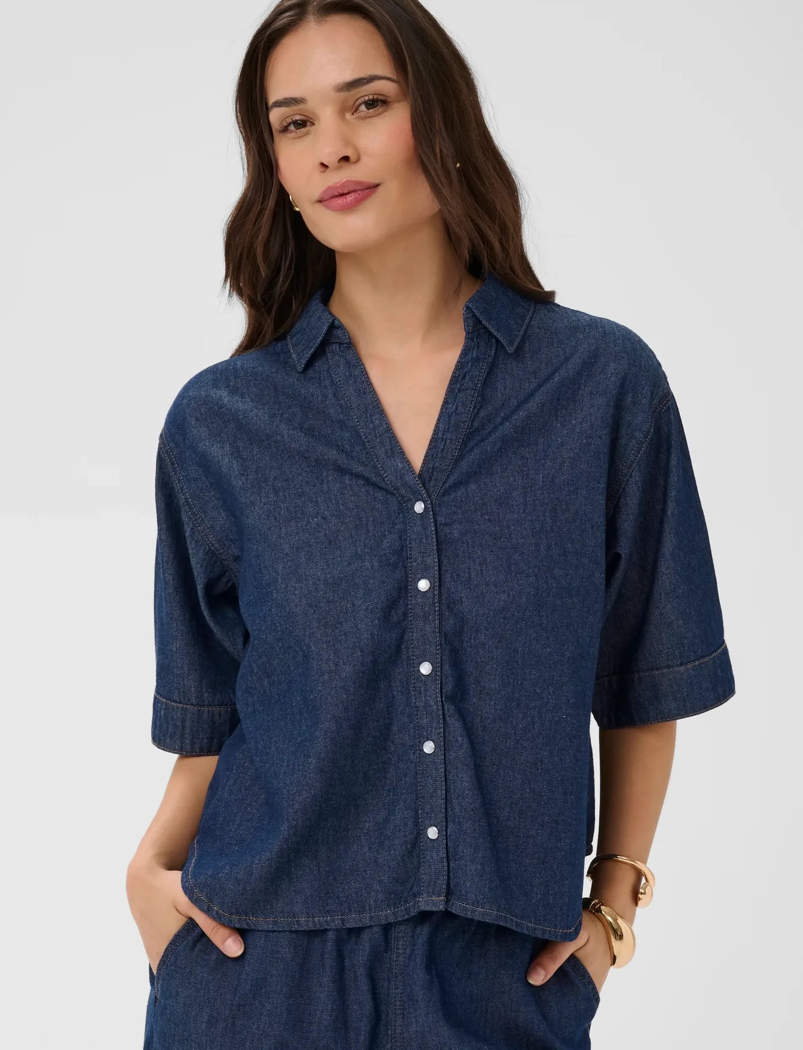 Kaffe Kajade Denim Shirt, 46, Shirts, Marineblau - Short-sleeved, Frauen