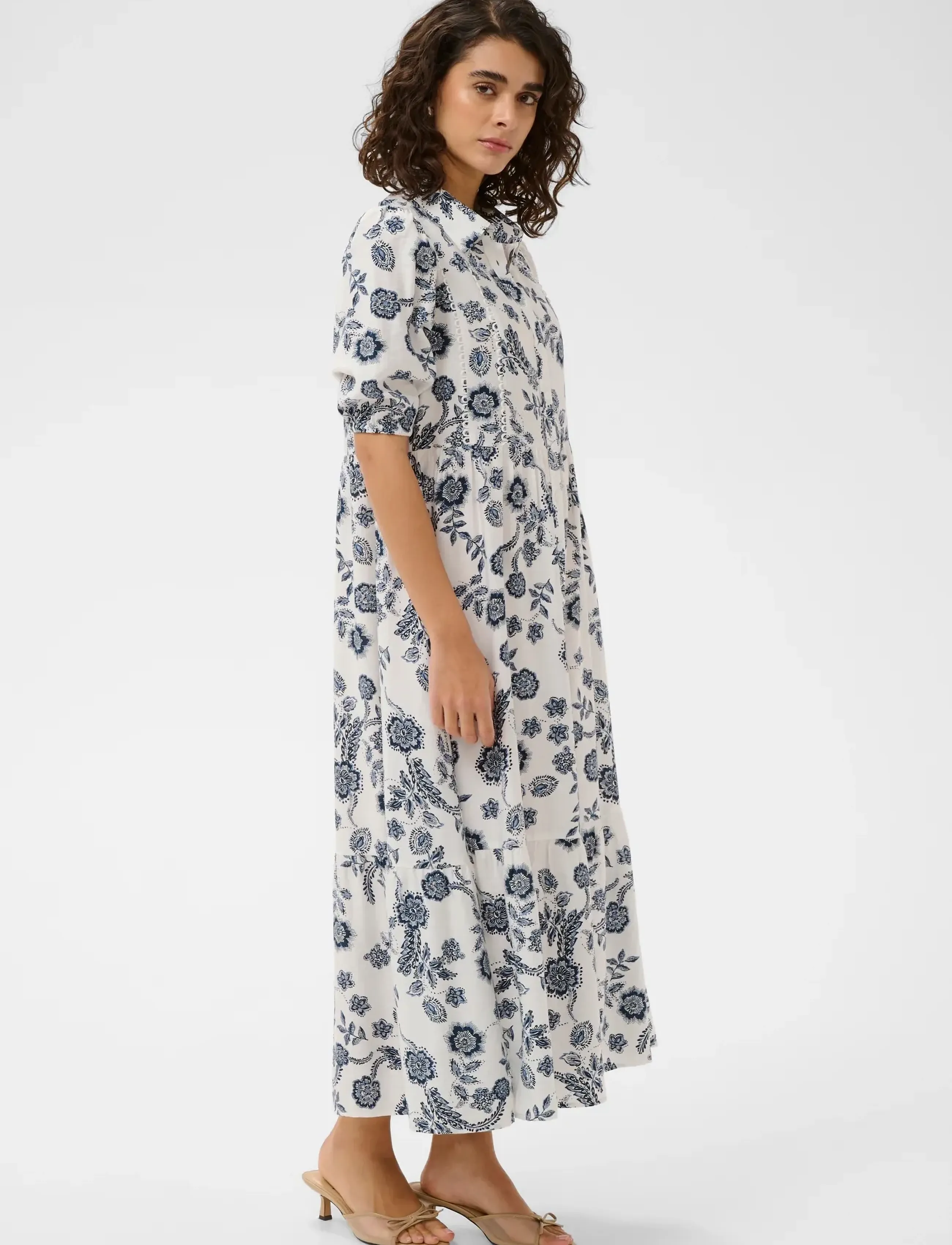 Kaffe KAamina Long Dress - Robes - CHALK MIDNIGHT FLOWER / white