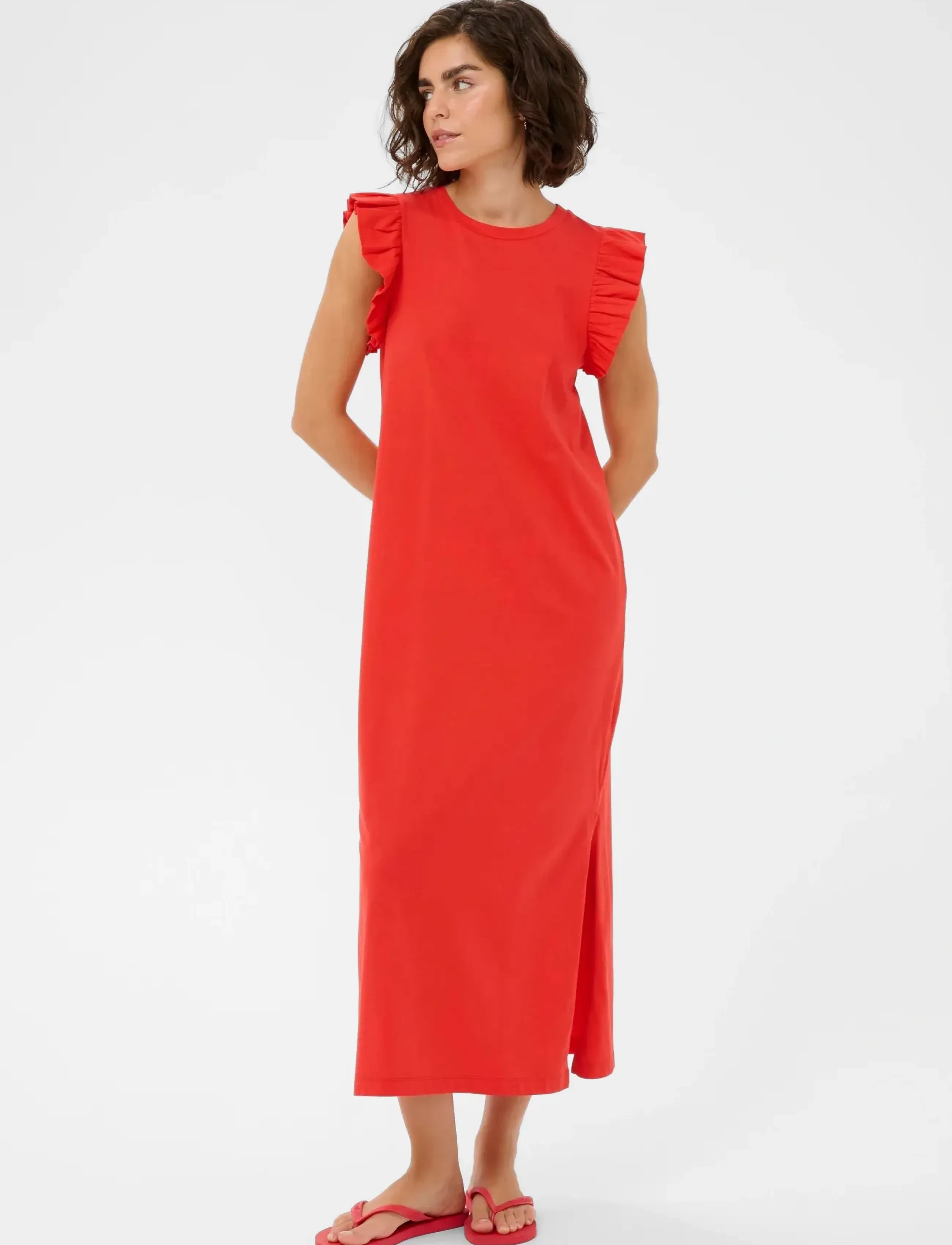 Kaffe Kacelina Flounce Dress, Kvinder, Maxikjole Med Flæseærmer, Rød, Str: XXL