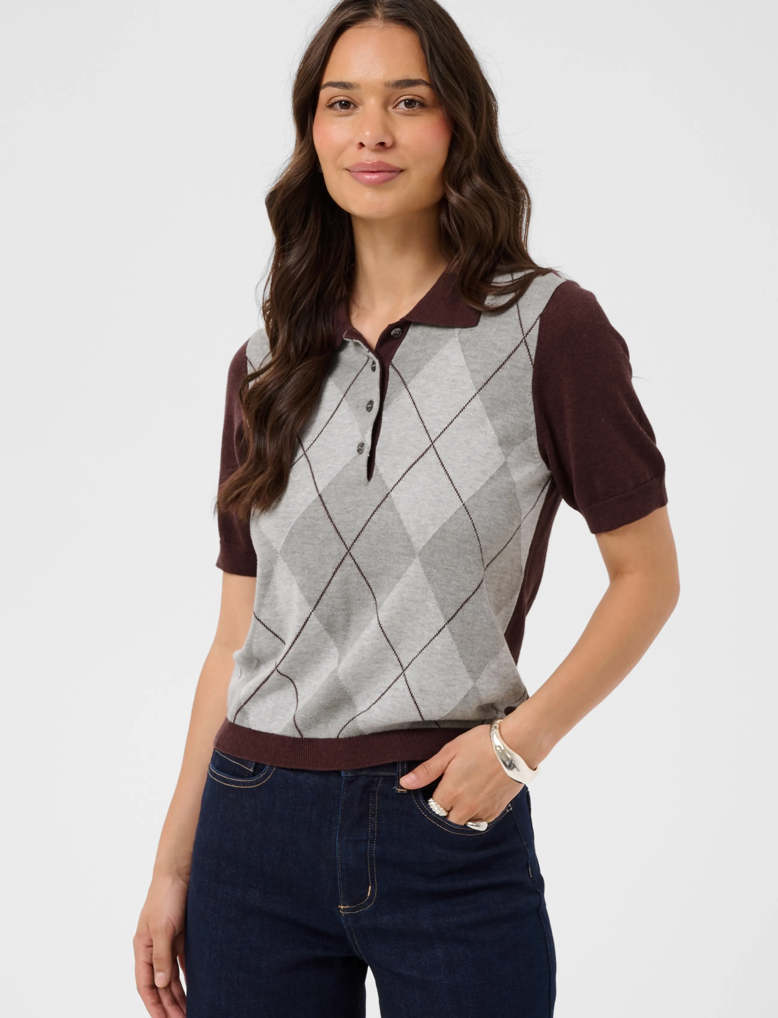 Kaffe - KAgizza Argyle Polo Knit - poloshirts - fudge/ grey argyle - 2