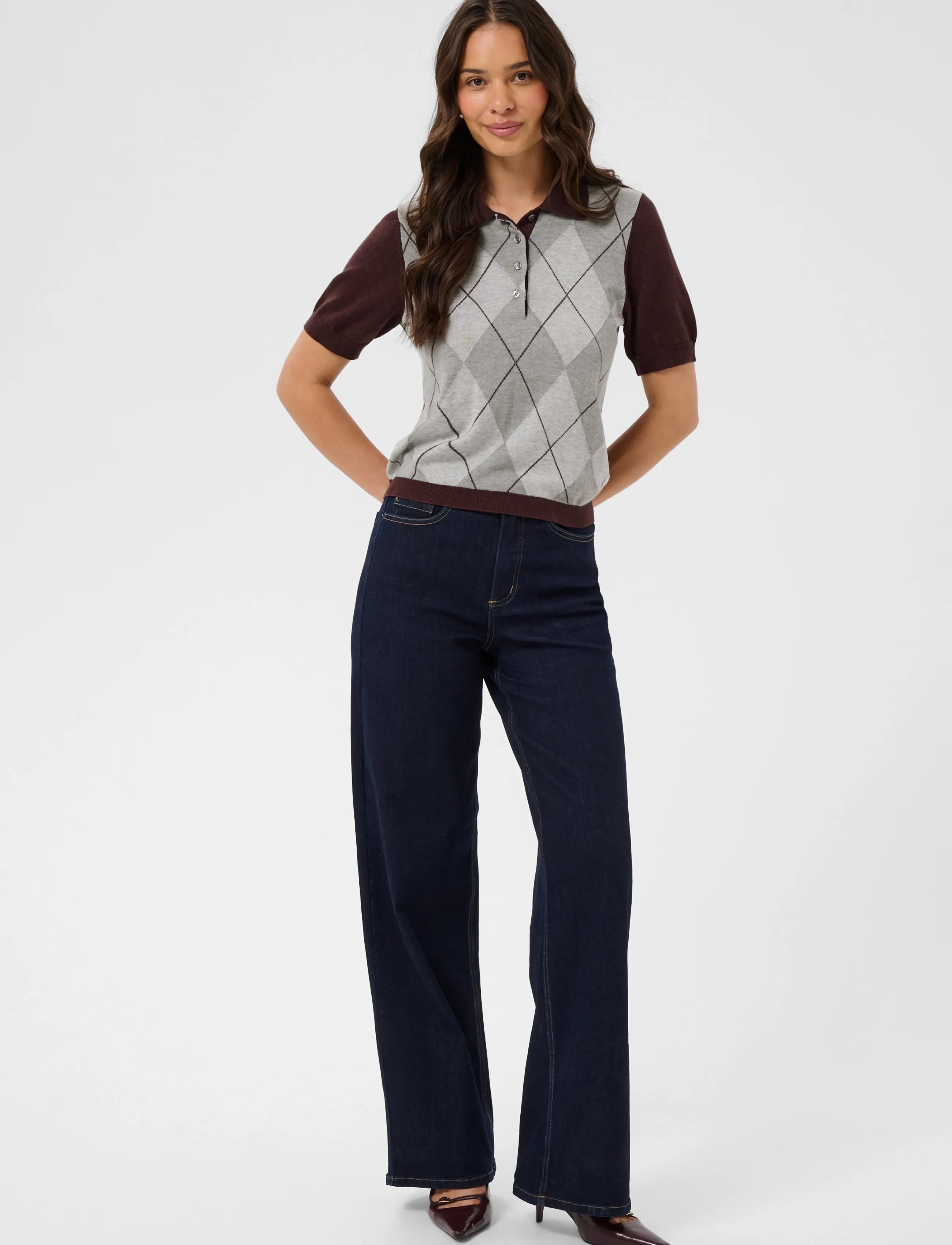 Kaffe - KAgizza Argyle Polo Knit - poloshirts - fudge/ grey argyle - 3