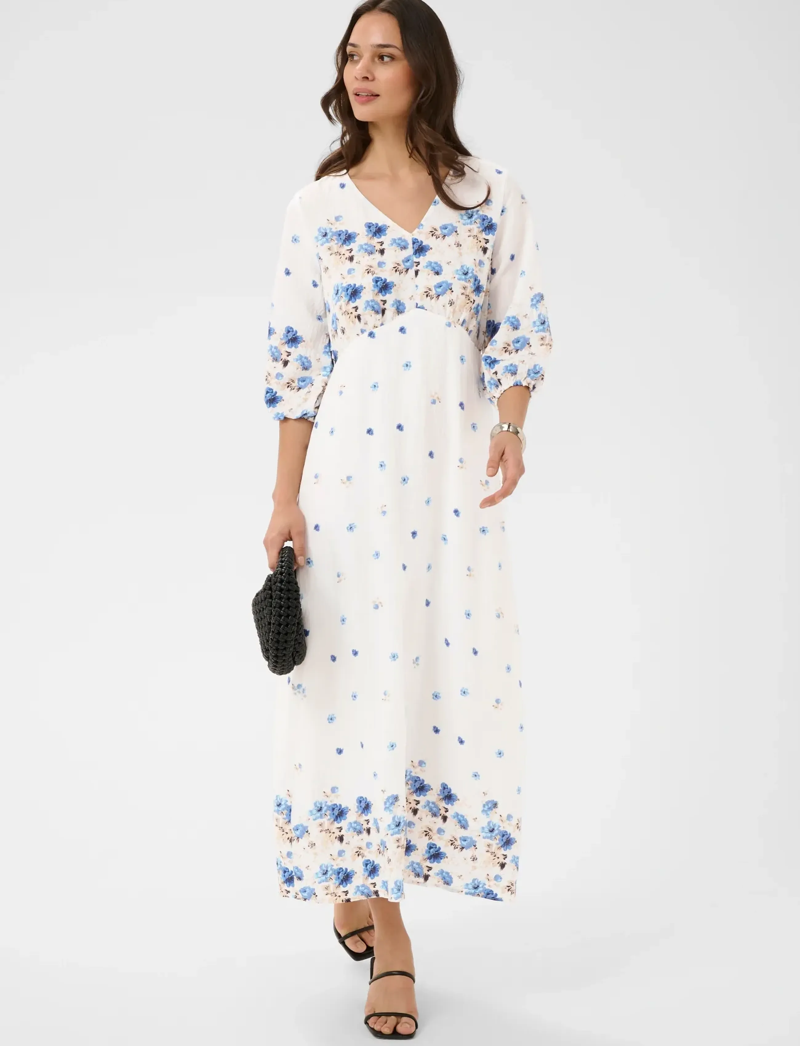 Kaffe Karosine Long Dress, Kvinder, Blomstret Lang Kjole, Hvid, Str: 38