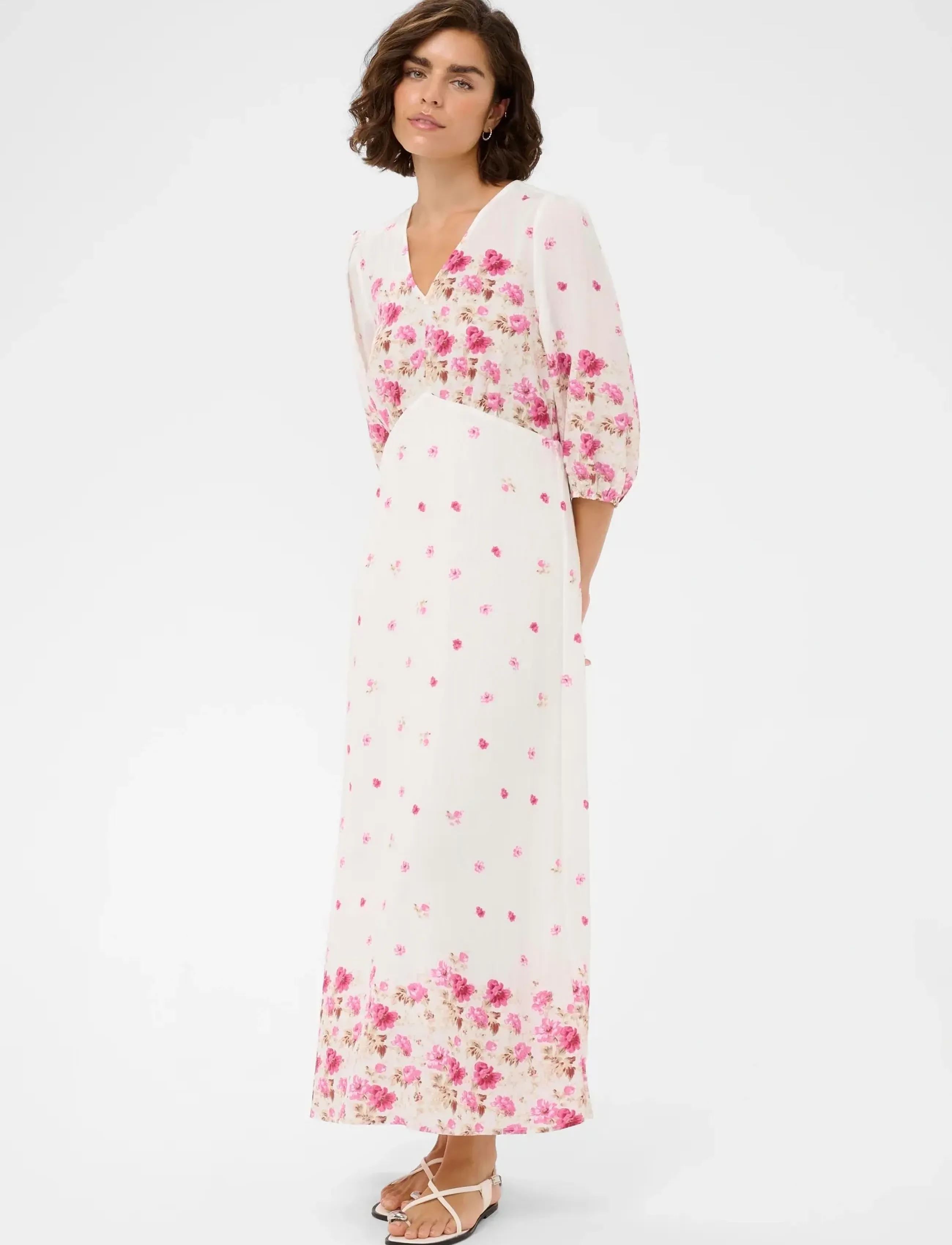Kaffe KArosine Long Dress - Robes - WHITE ROSE BORDER FLOWER / pink/rose