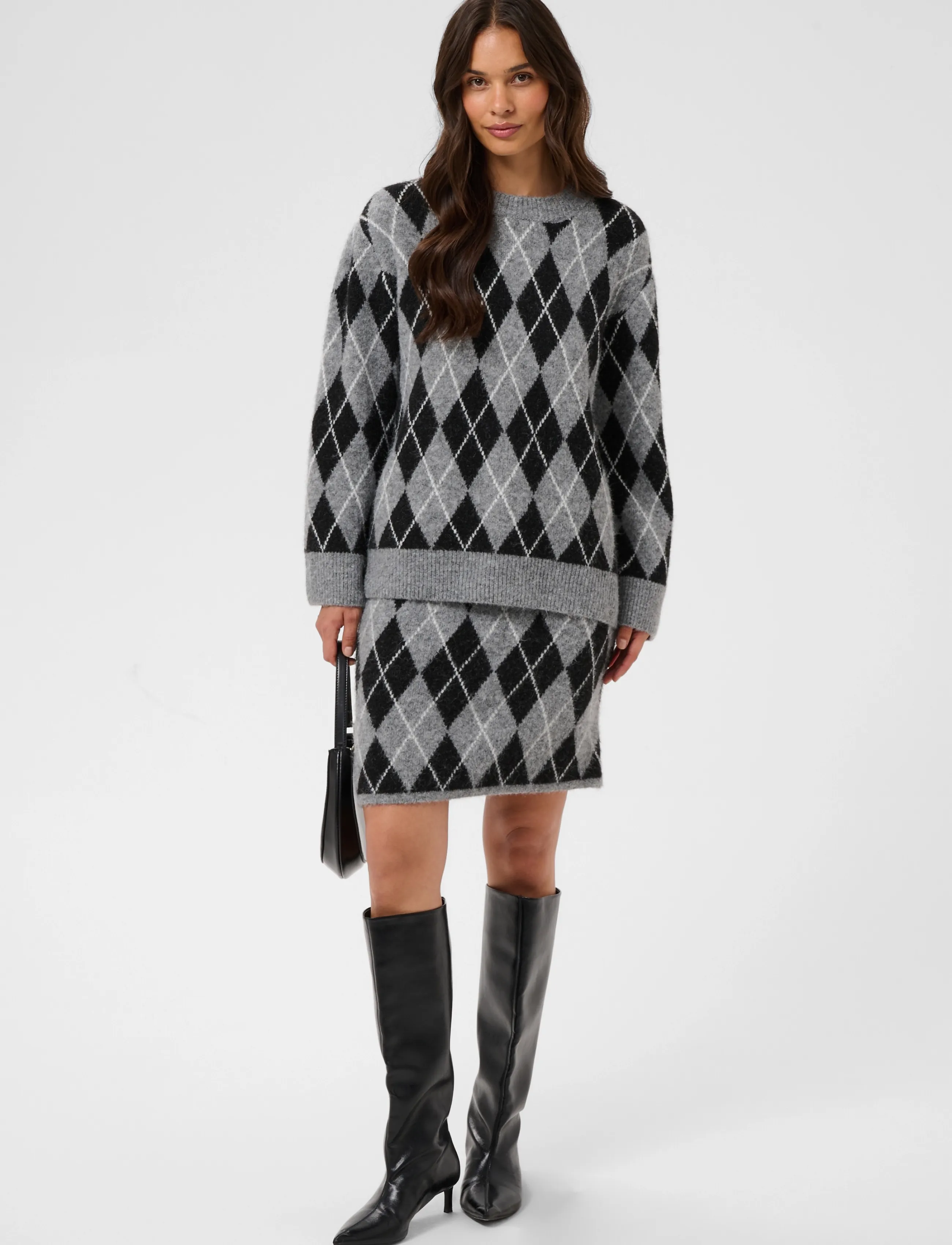 Kaffe - KAsimone Knit Skirt - strickröcke - black/gm/white argyle - 3