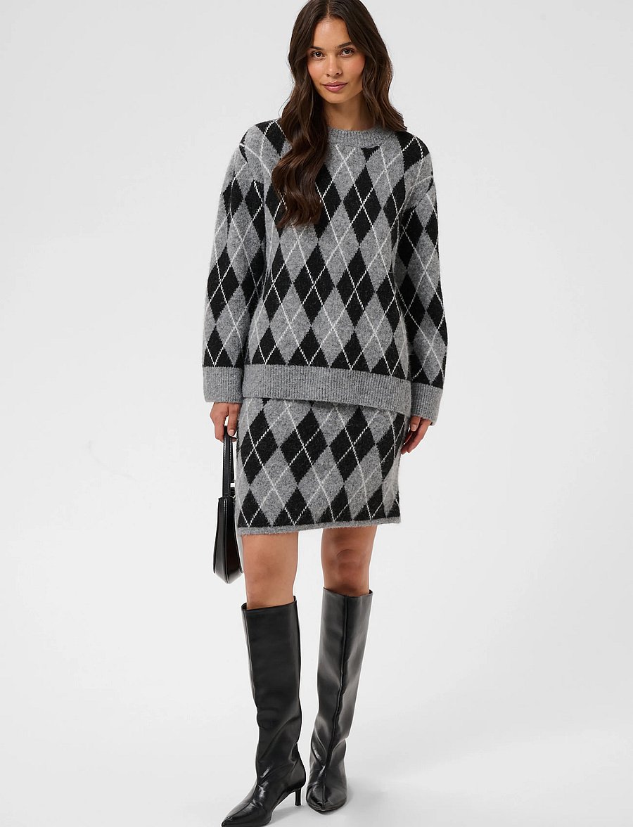 Kaffe - KAsimone Knit Skirt - strickröcke - black/gm/white argyle - 3