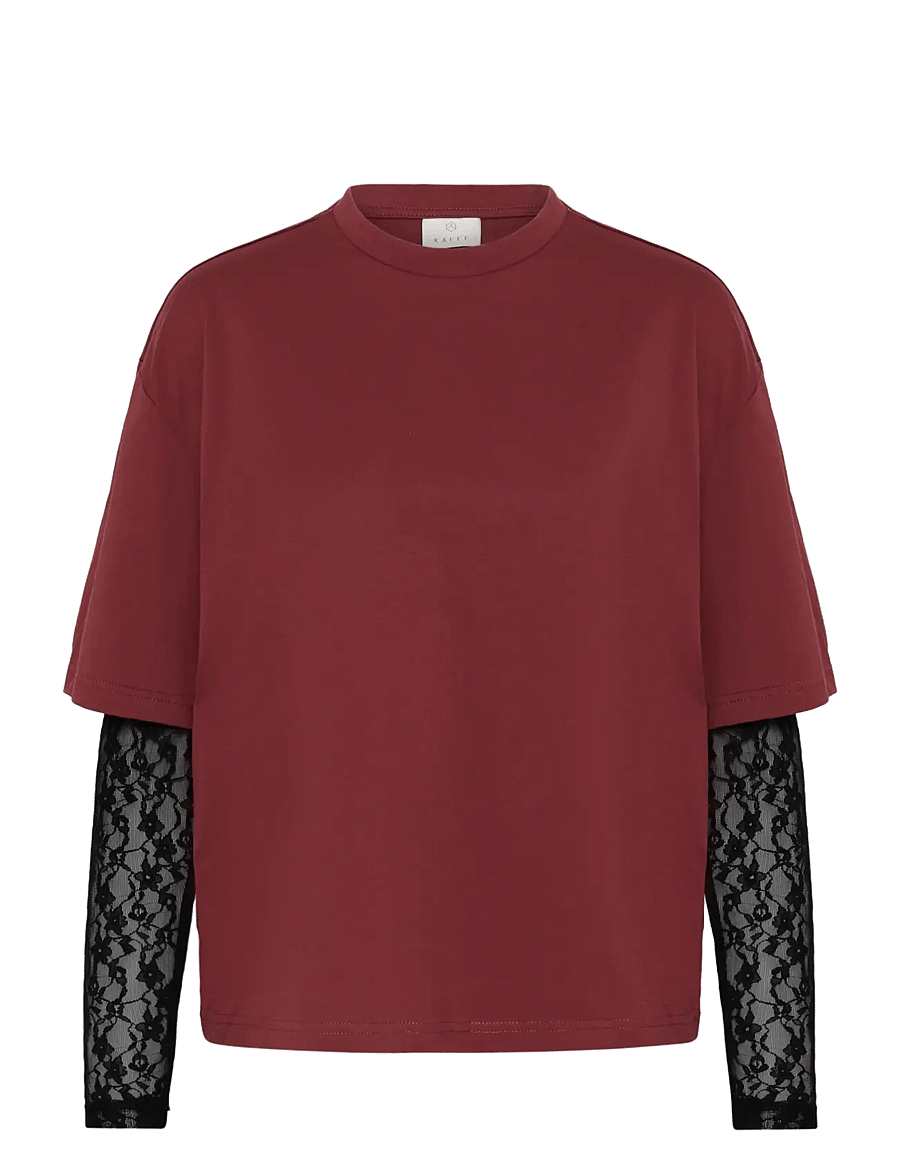 Kaffe - KAdora T-Shirt - långärmade toppar - port / black lace - 0
