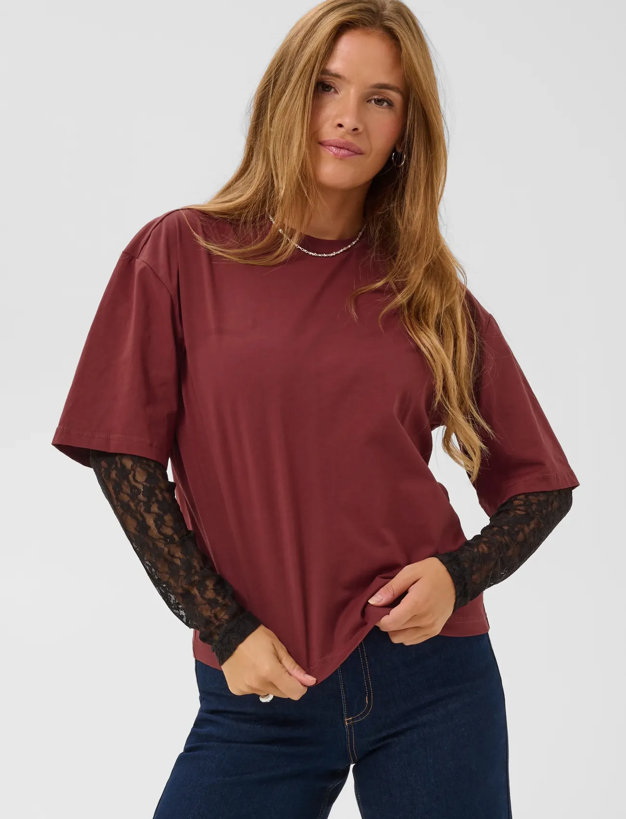 Kaffe - KAdora T-Shirt - langärmlige tops - port / black lace - 2