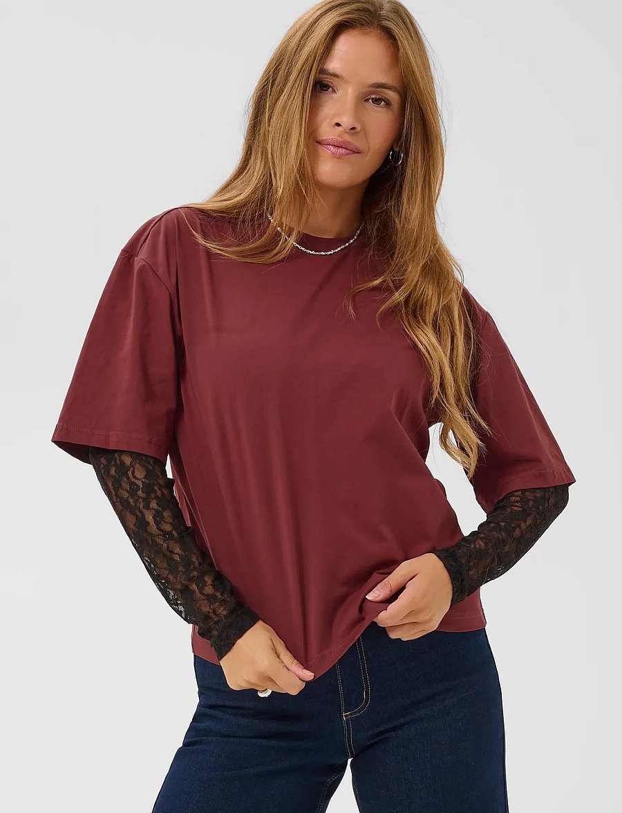 Kaffe - KAdora T-Shirt - langärmlige tops - port / black lace - 2