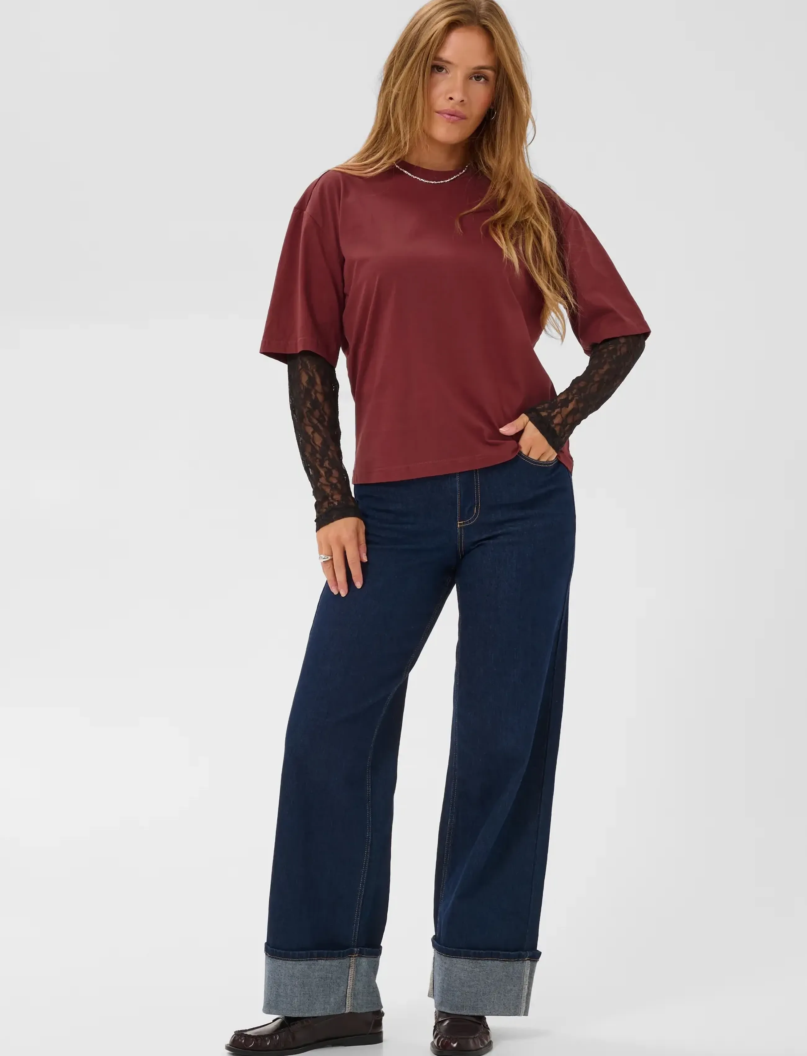 Kaffe - KAdora T-Shirt - langärmlige tops - port / black lace - 3