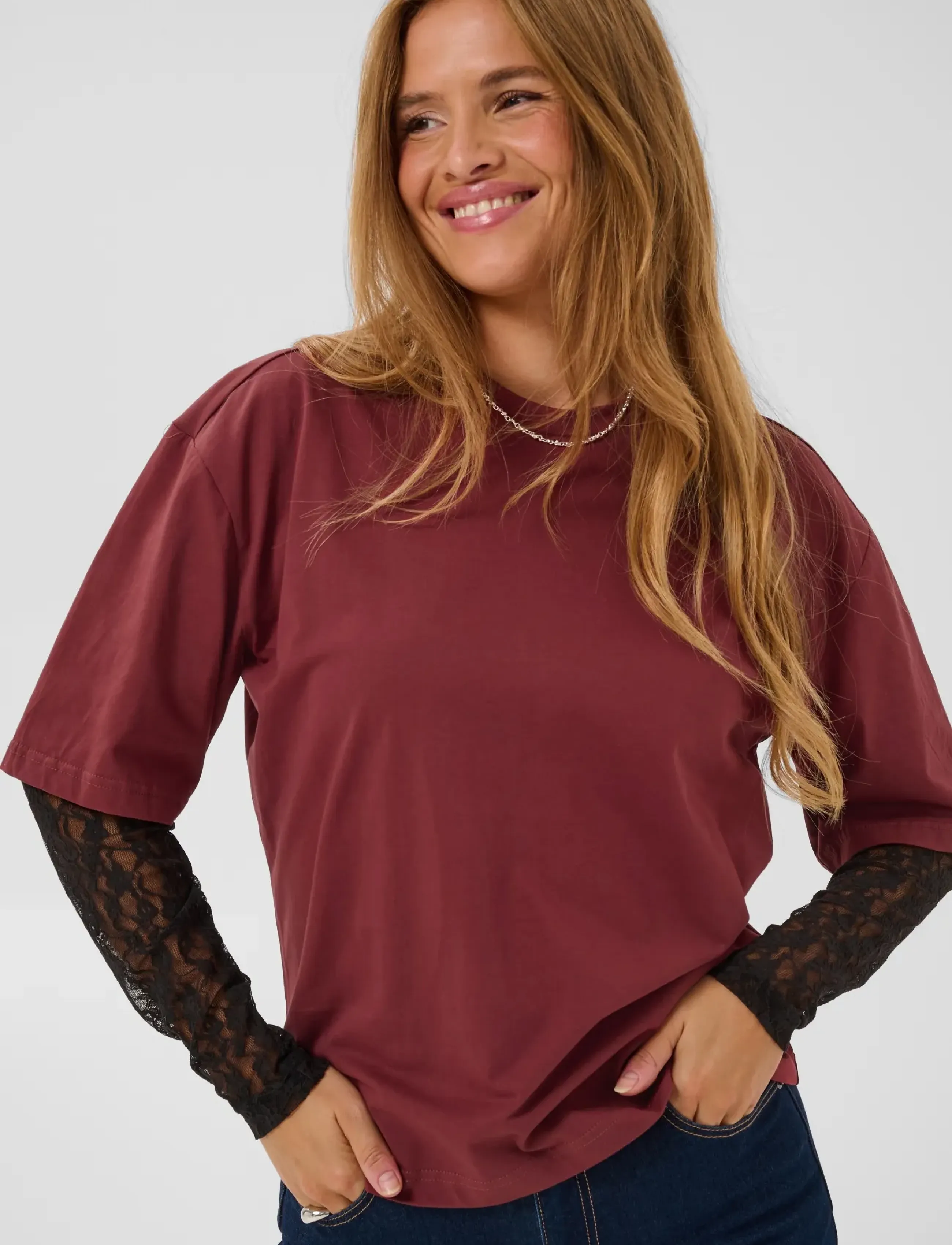 Kaffe - KAdora T-Shirt - langärmlige tops - port / black lace - 5