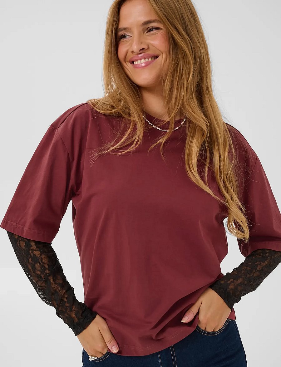 Kaffe - KAdora T-Shirt - langärmlige tops - port / black lace - 5