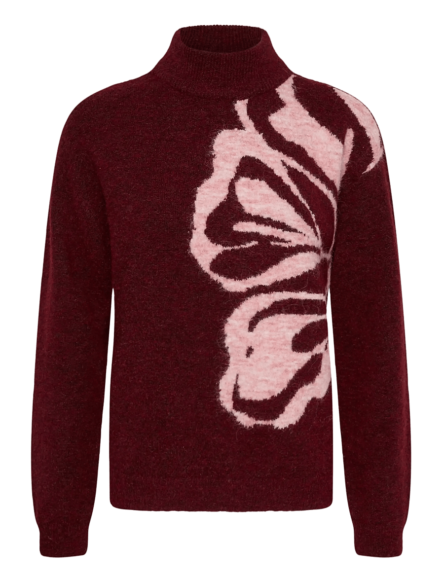 Kaffe - KAkailey Knit pullover - stickade tröjor - windsor wine with pink flower - 0