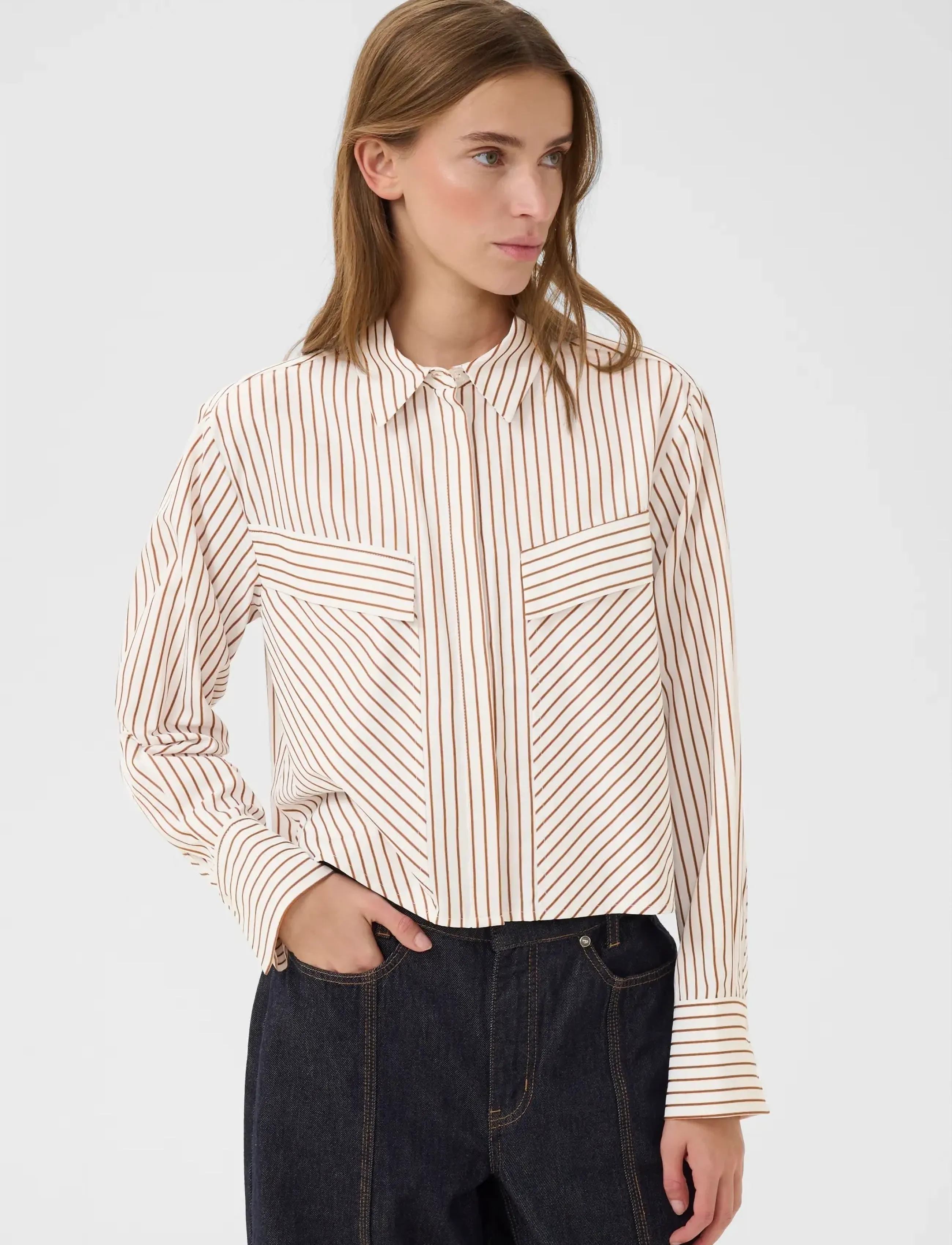 Karen By Simonsen Kbelmira Short Shirt, Kvinder, Kort Stribet Skjorte, Brun, Str: 42