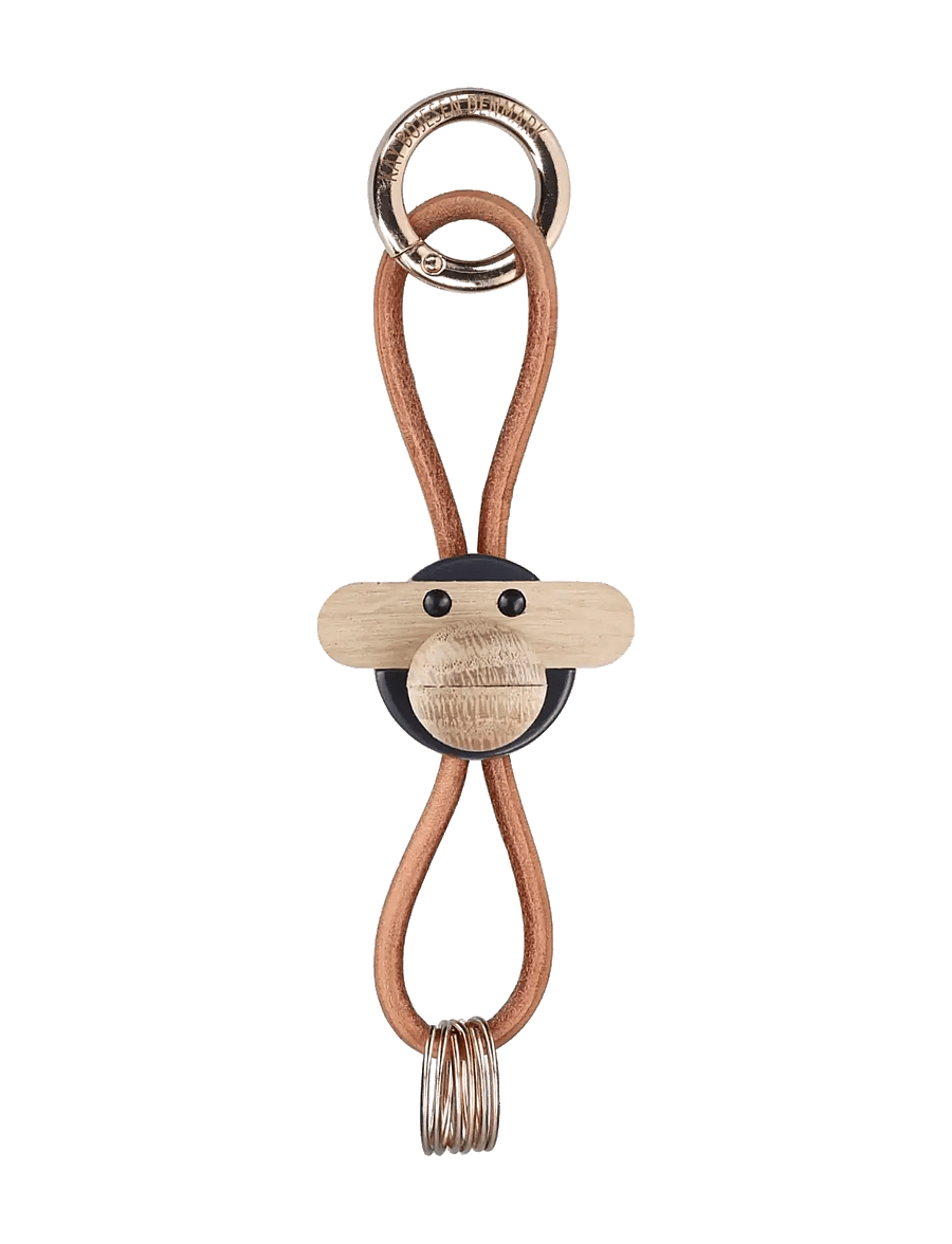 Kay Bojesen - Monkey Keychain golden metal with Natural Leather dark grey - wooden figures - dark grey - 1