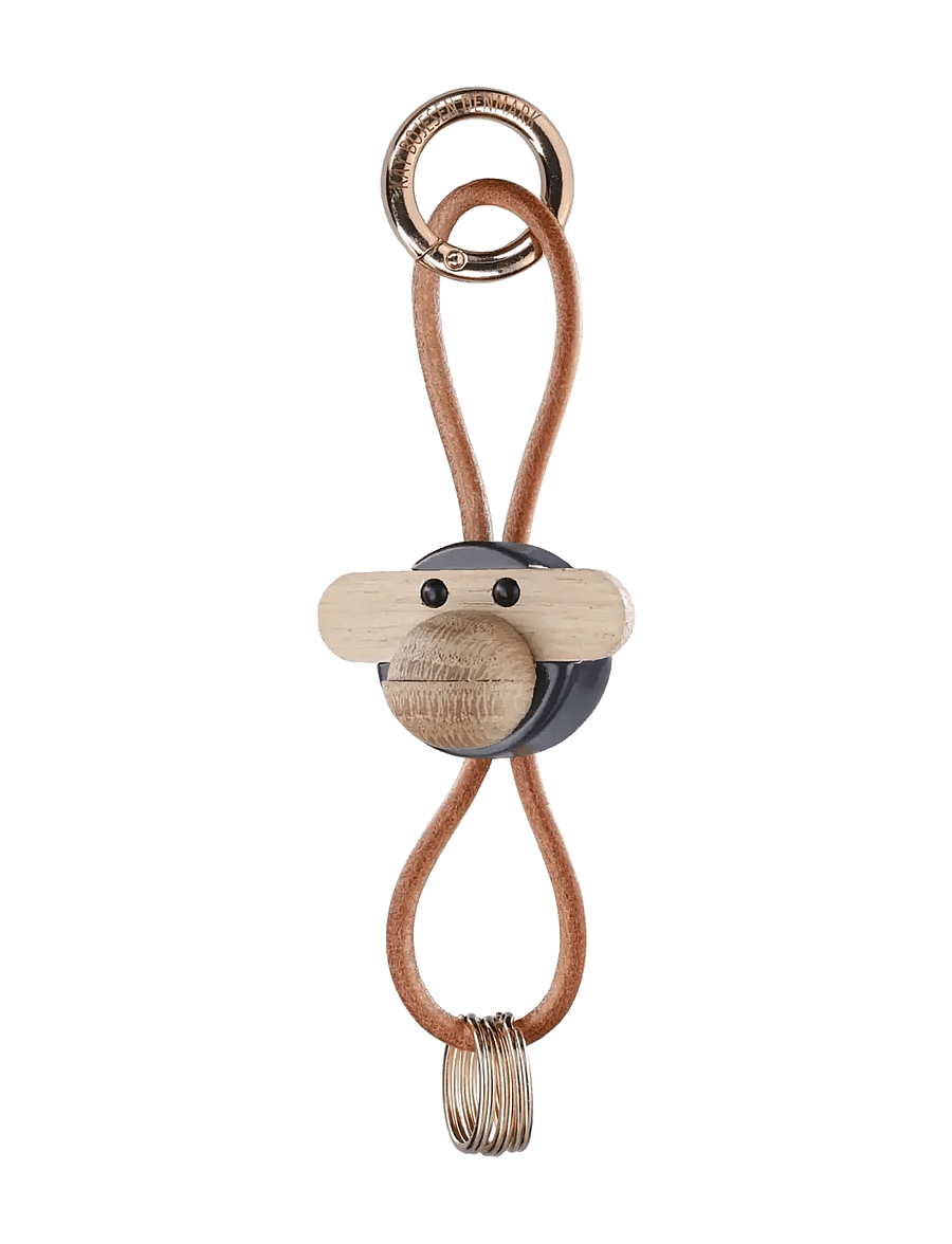 Kay Bojesen - Monkey Keychain golden metal with Natural Leather dark grey - wooden figures - dark grey - 2
