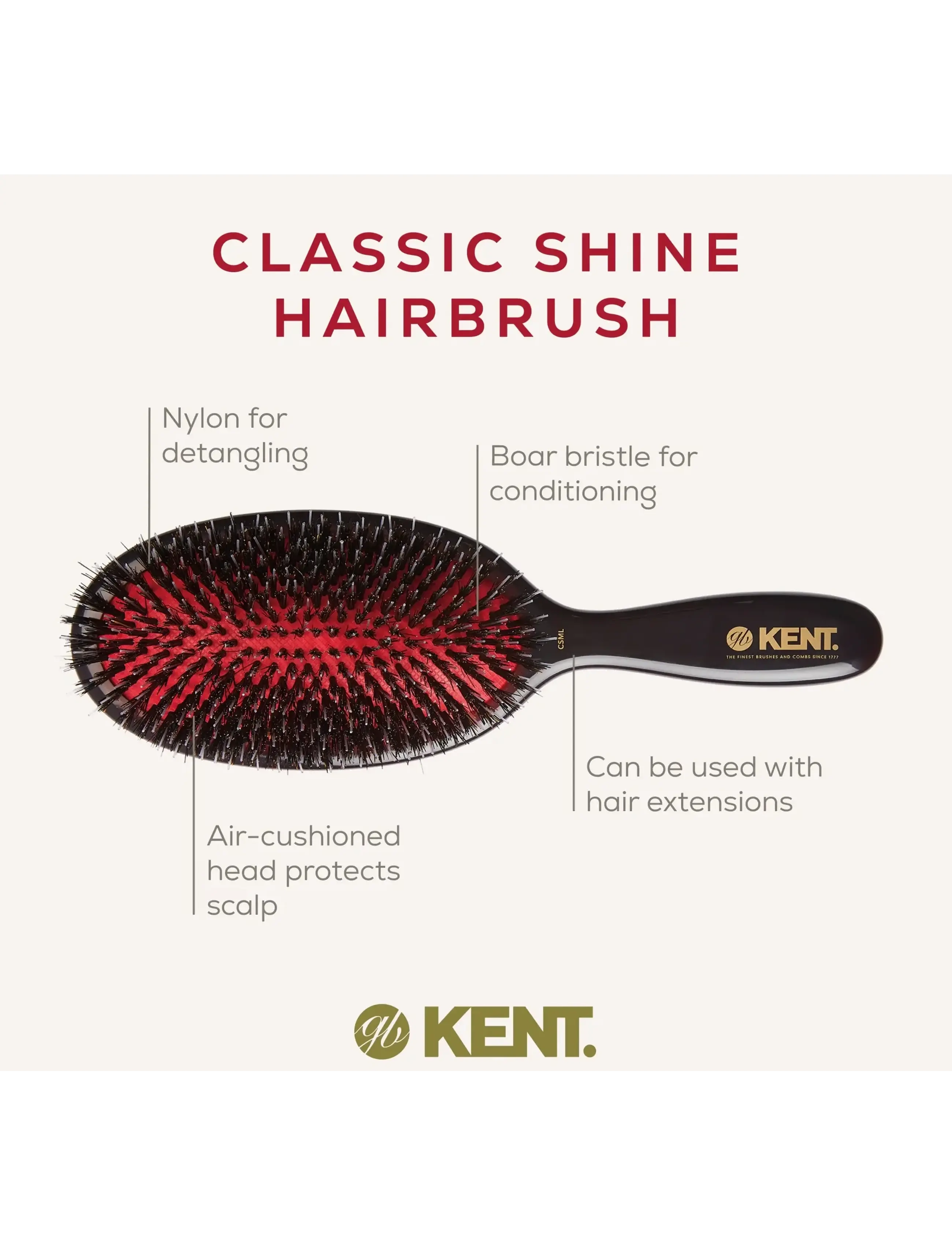 Kent Brushes - Classic Shine Large Black Porcupine Mixed Bristle Hairbrush - paddelbørster - black - 3