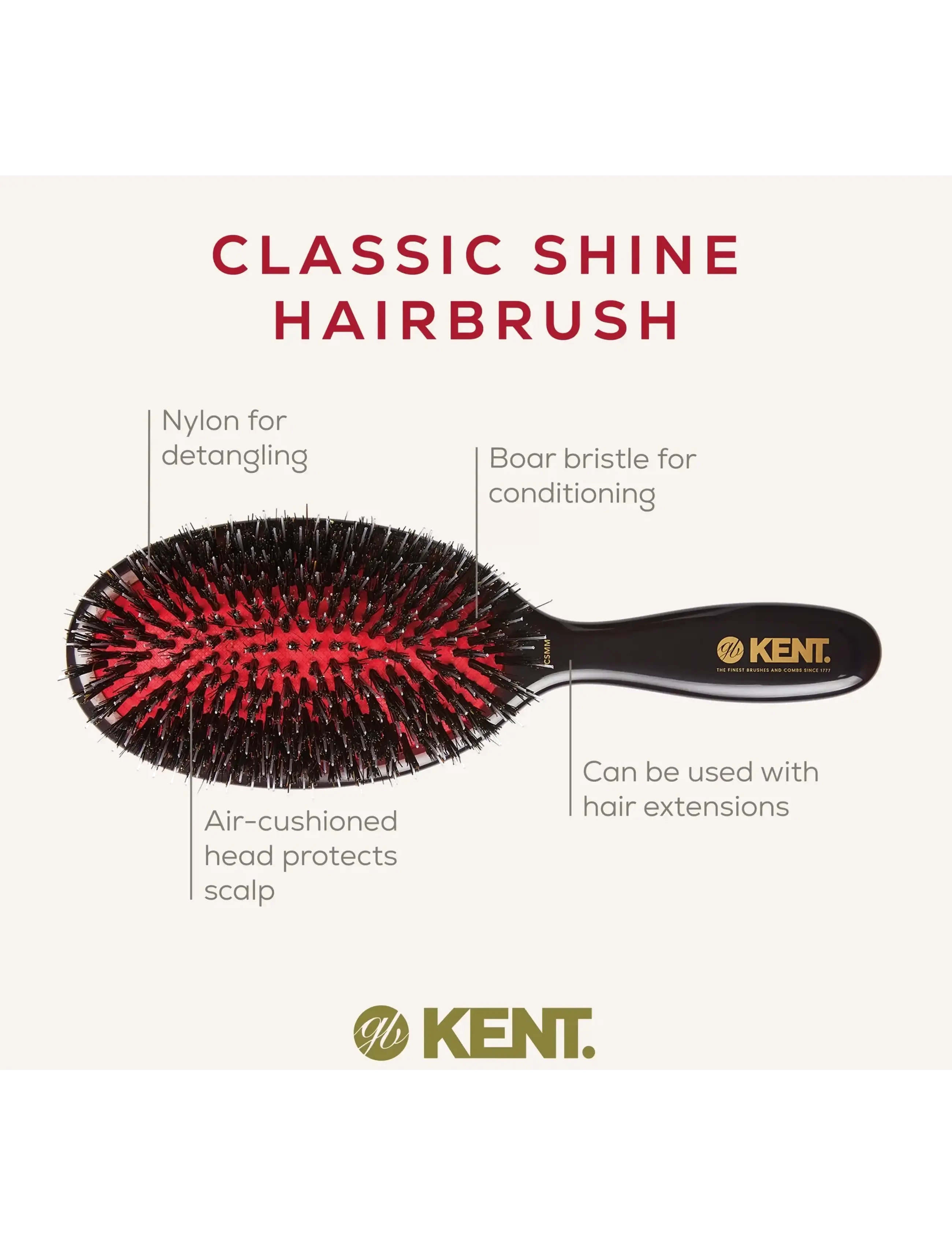 Kent Brushes - Classic Shine Medium Black Porcupine Mixed Bristle Hairbrush - black - 4