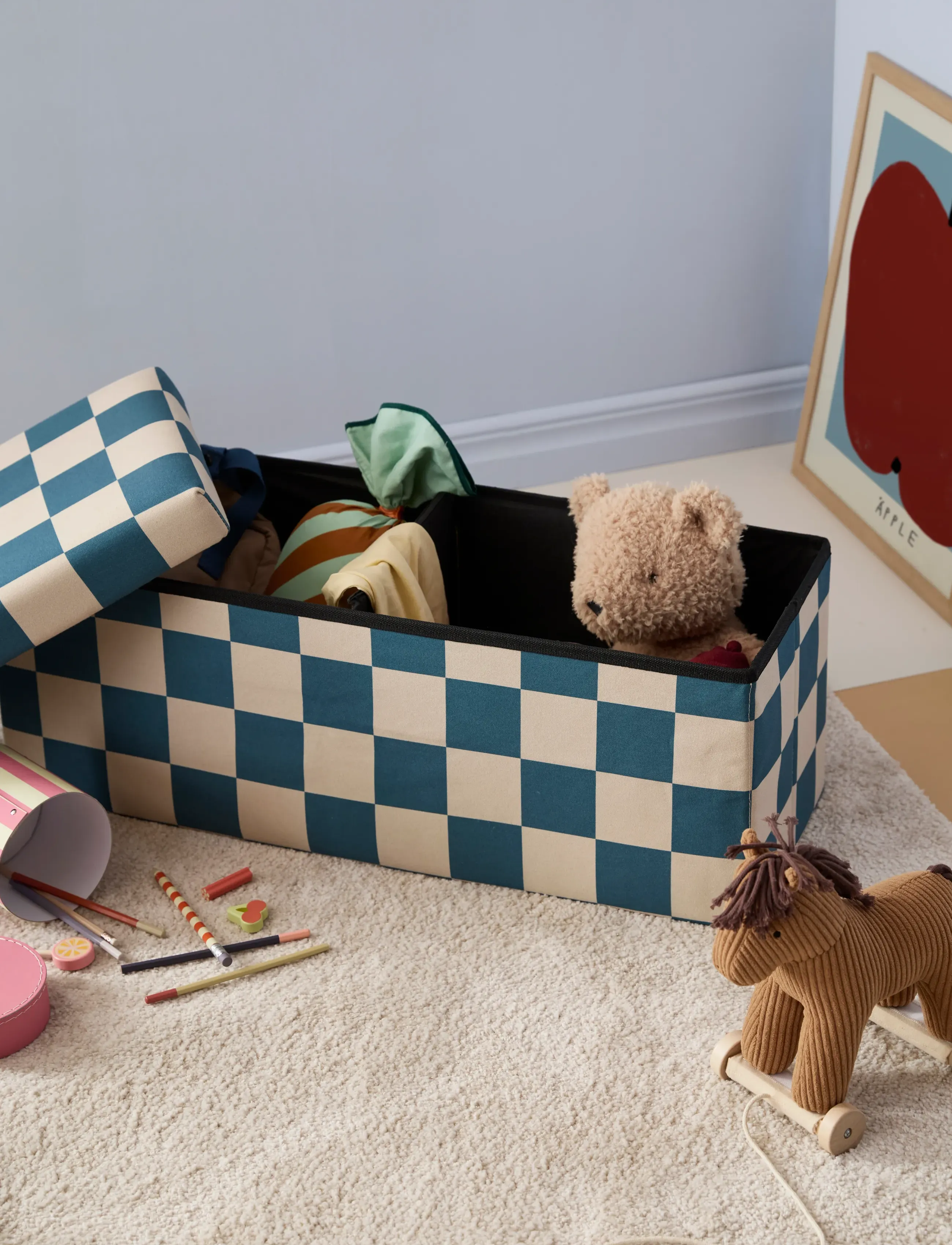 Kid's Concept Pouffe With Storage Check Teal 80 Cm, One Size, Furniture, Blau - Pouffes, Kinder