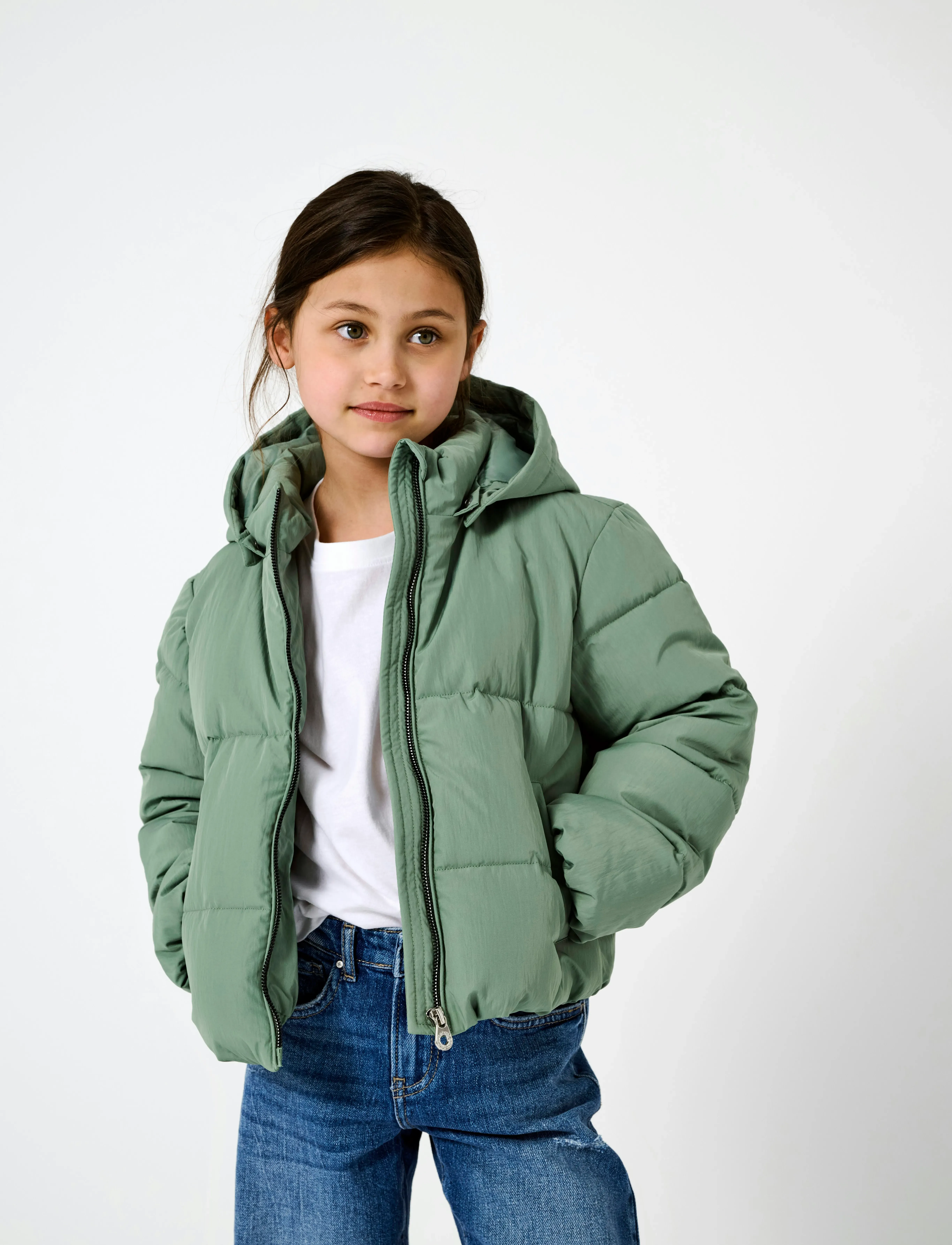 Kids Only Kogdolly Life Sht Puffer Jacket Otw Noos, Børn, Hætte Dynejakke, Grøn, Str: 158