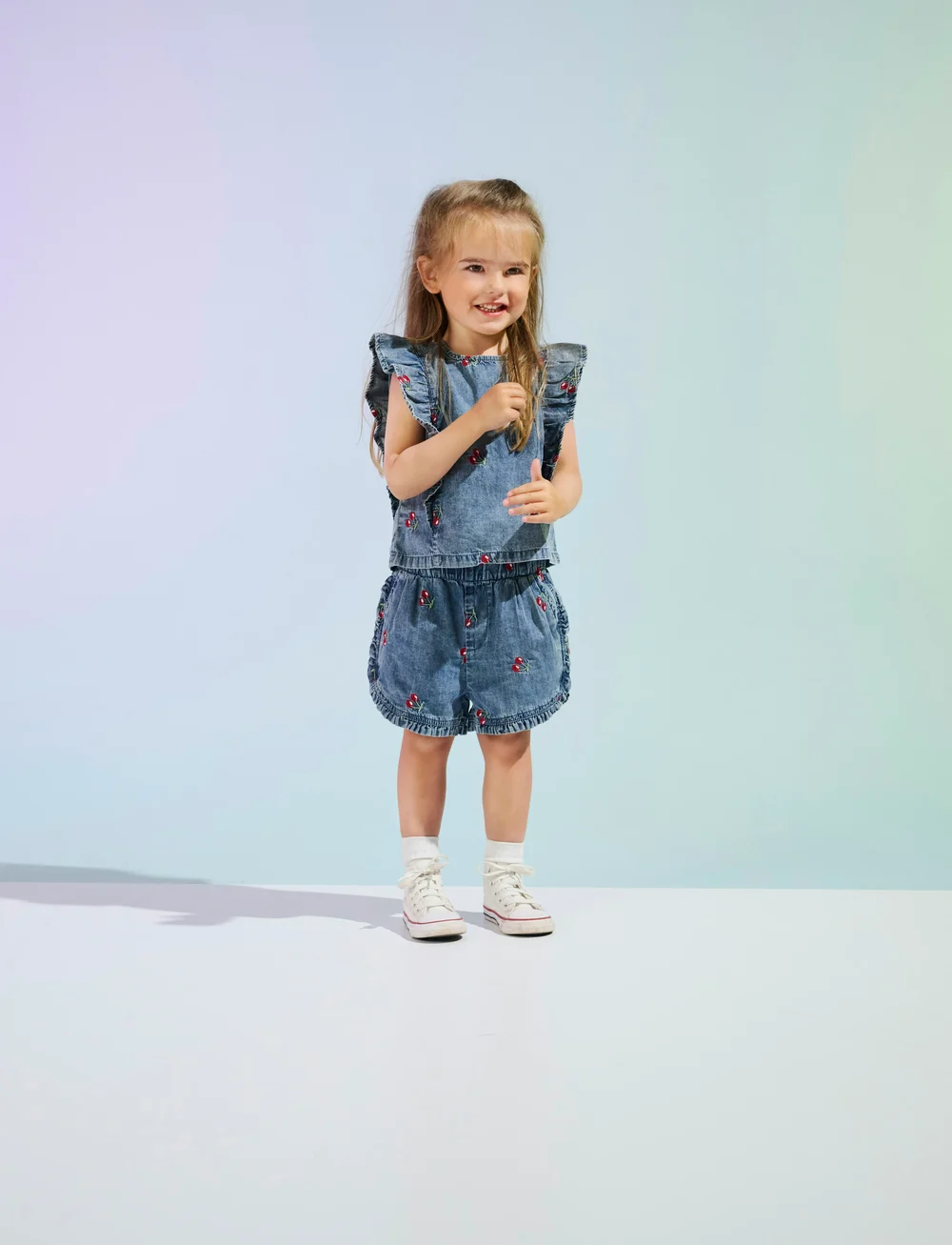 Kids Only - KMGDANDY FRILL CHERRY TOP DNM - blusen & tuniken - medium blue denim - 0