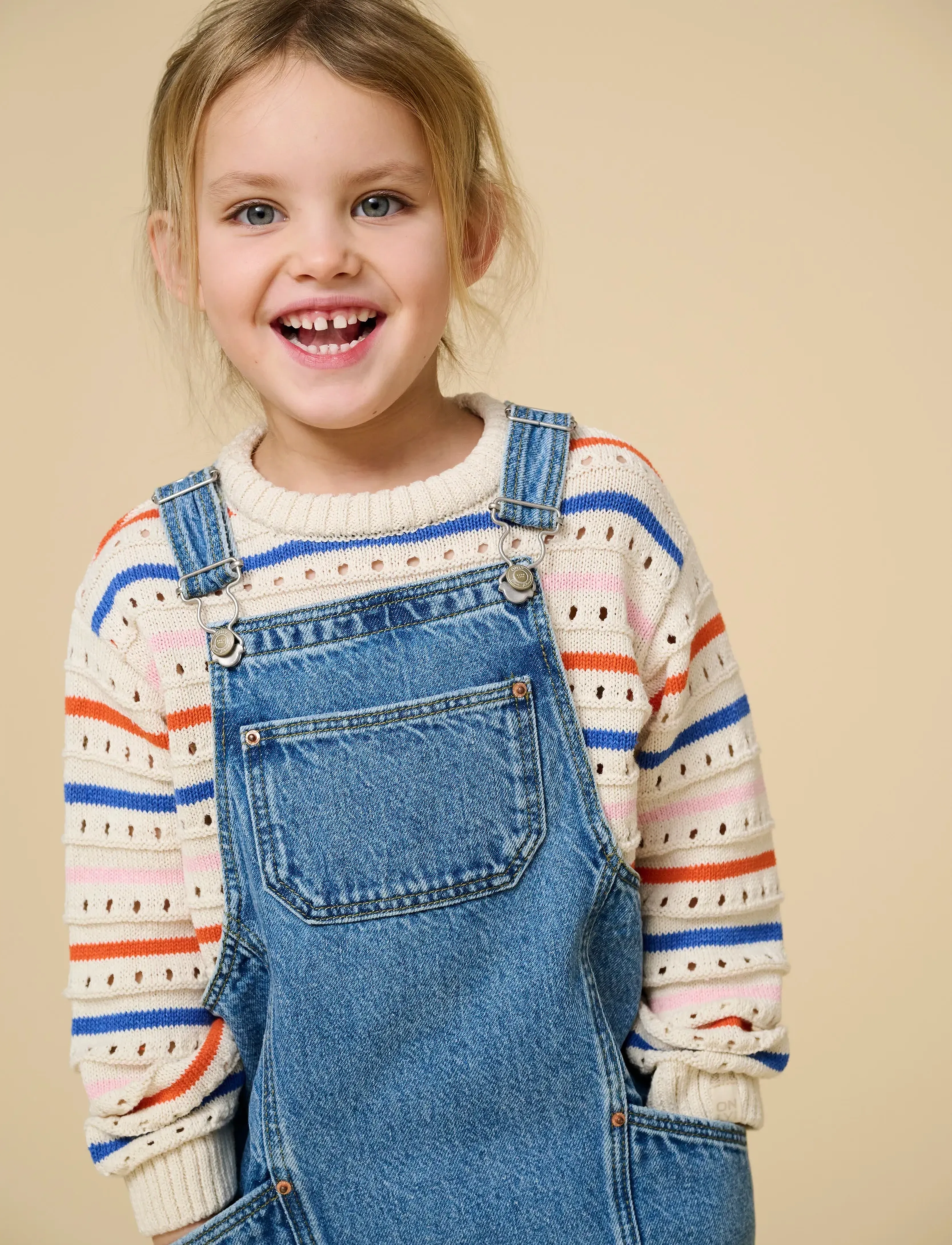 Kids Only Kmgstina Life L/S O-Neck 3D Stripe Knt, 116, Beige, Strik > Pullovere, Børn