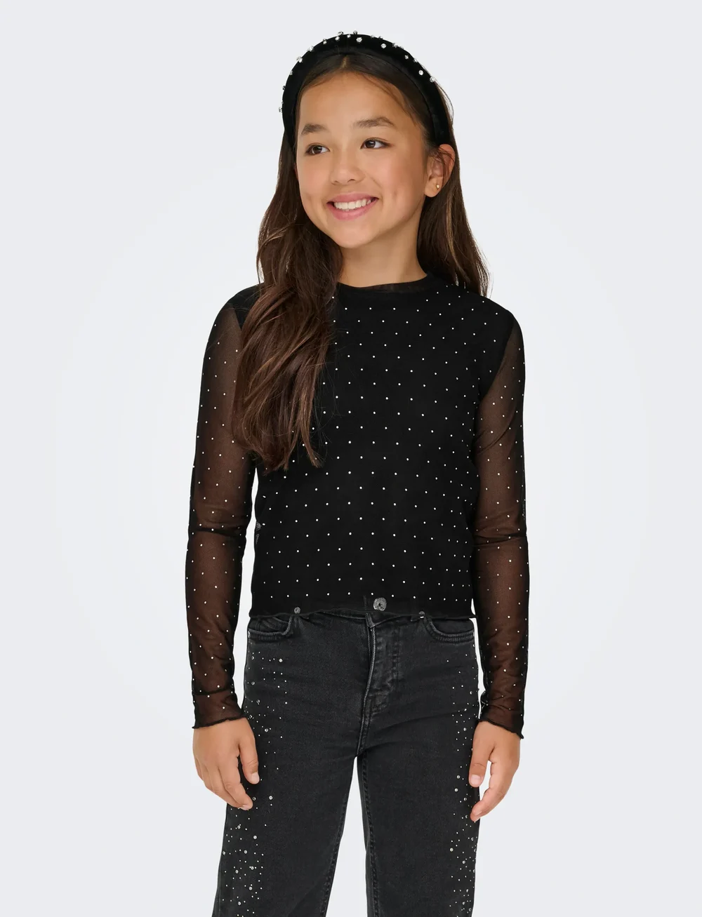 Kids Only - KOGJADA LIFE L/S RHINESTONE MESH TOP JRS - långärmade t-shirts - black - 0