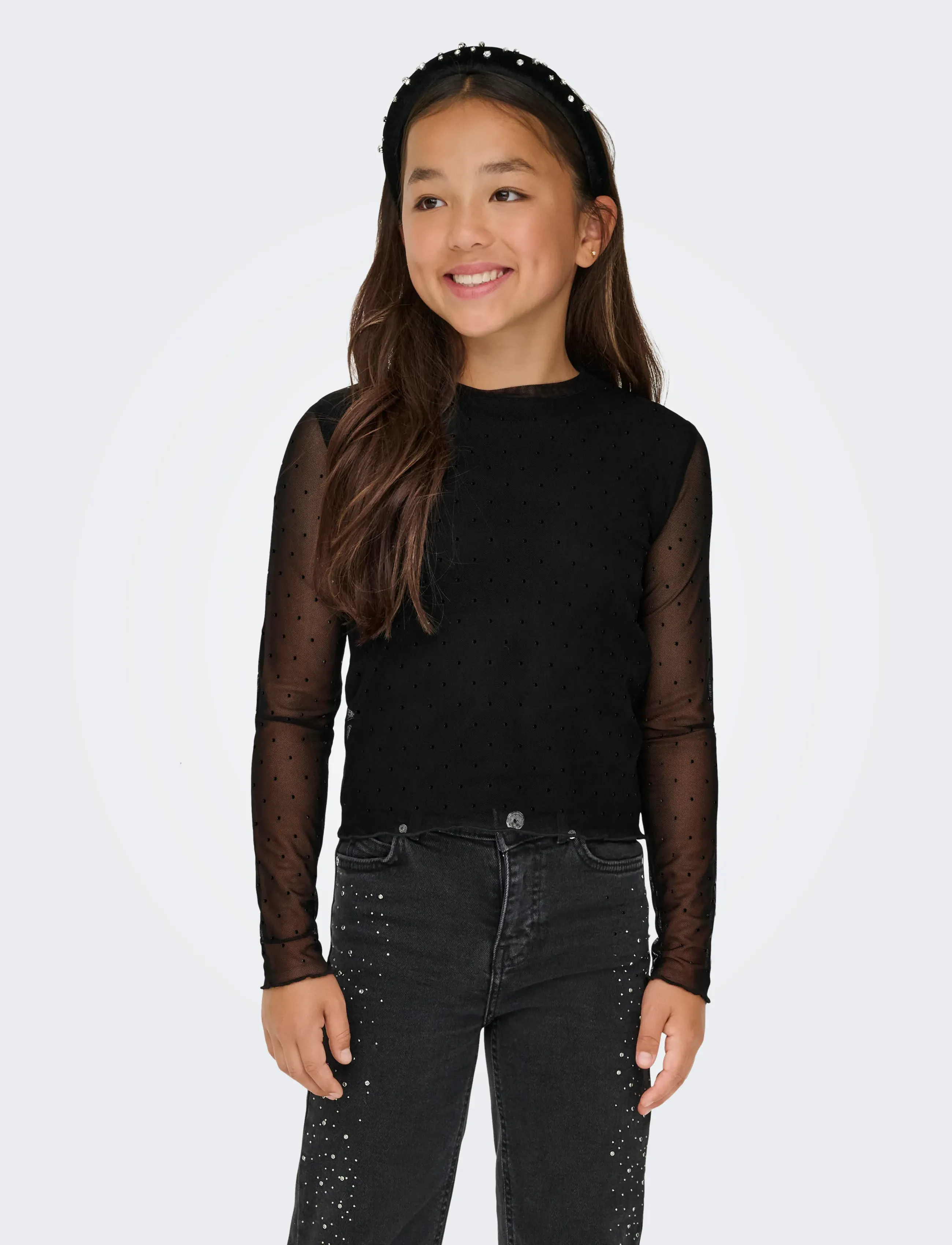 Kids Only - KOGJADA LIFE L/S RHINESTONE MESH TOP JRS - langærmede t-shirts - black - 0