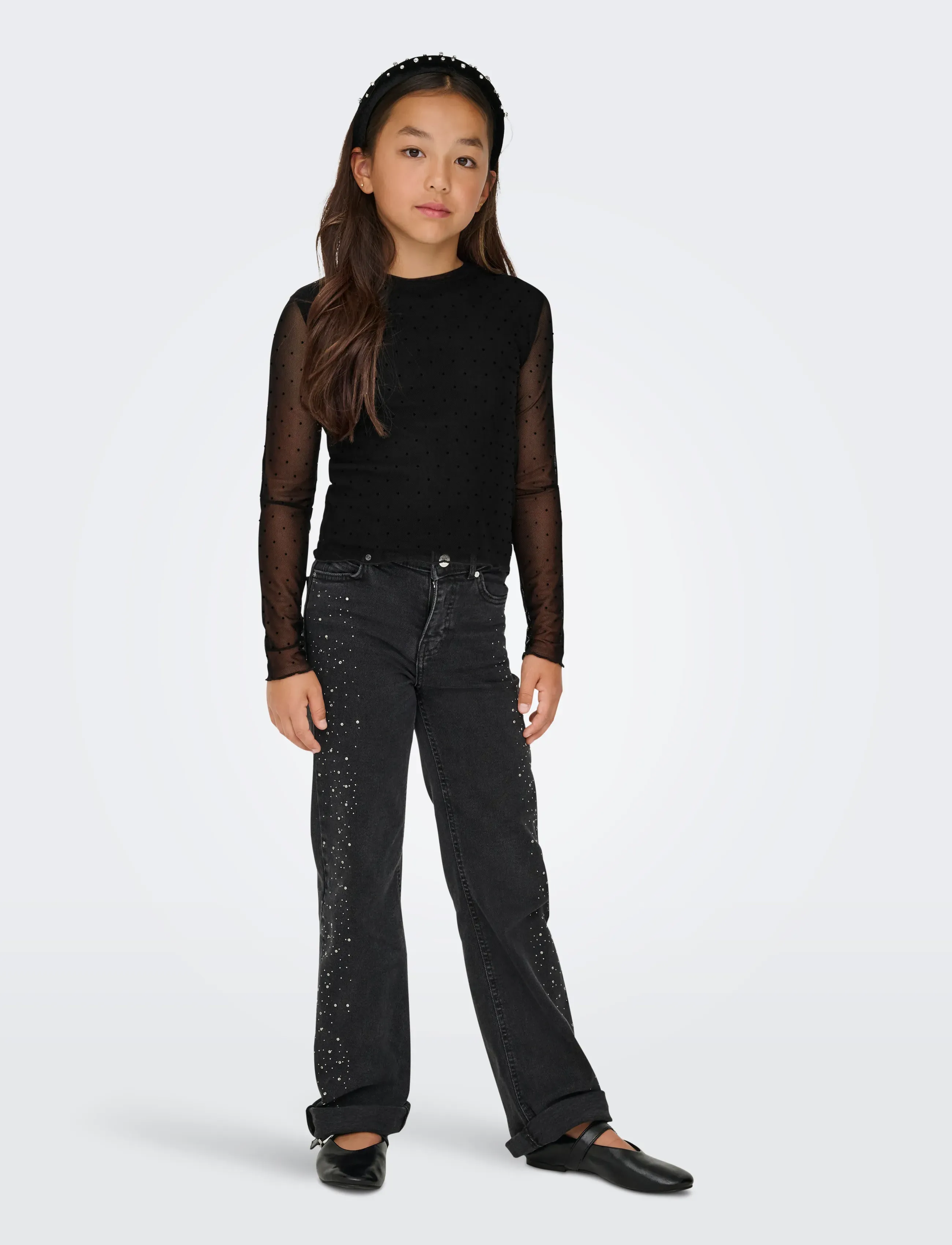Kids Only - KOGJADA LIFE L/S RHINESTONE MESH TOP JRS - langærmede t-shirts - black - 4