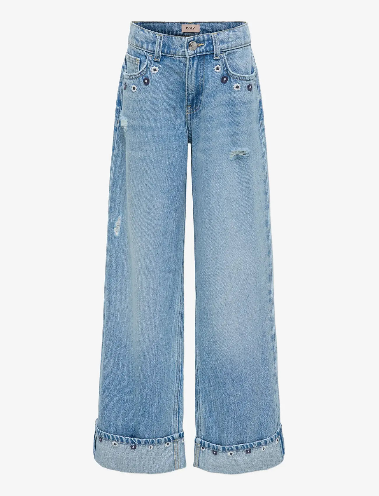Kids Only - KOGMIMI HW WIDE EMB FOLD UP DNM AKM - pantalons larges - light blue denim - 0