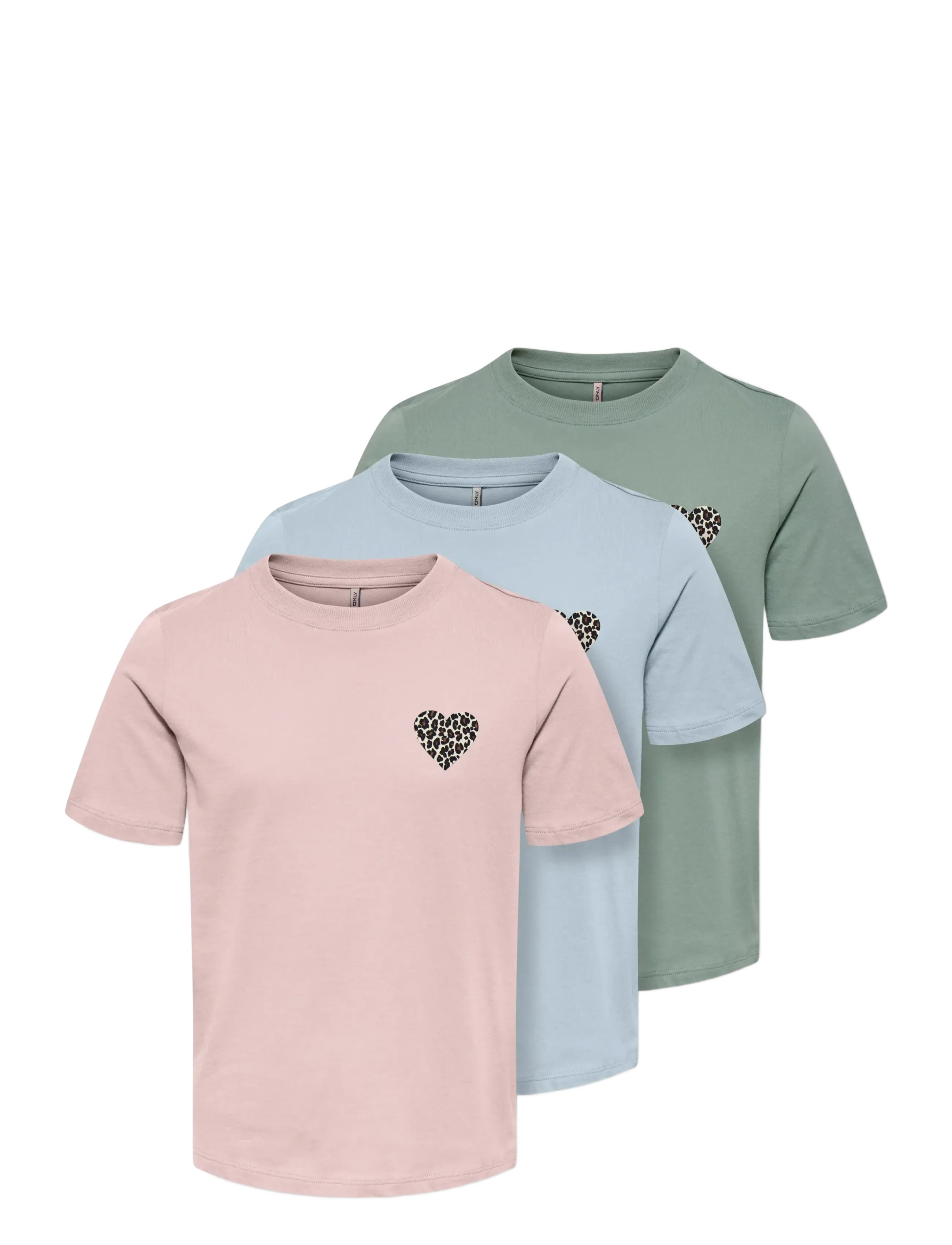 Kids Only Kogrexi Heart Reg. Ss Top 3-Pack Jrs, Børn, Leopard Hjerte Print Kortærmet T-shirt 3-Pak, Blå, Str: 110-116