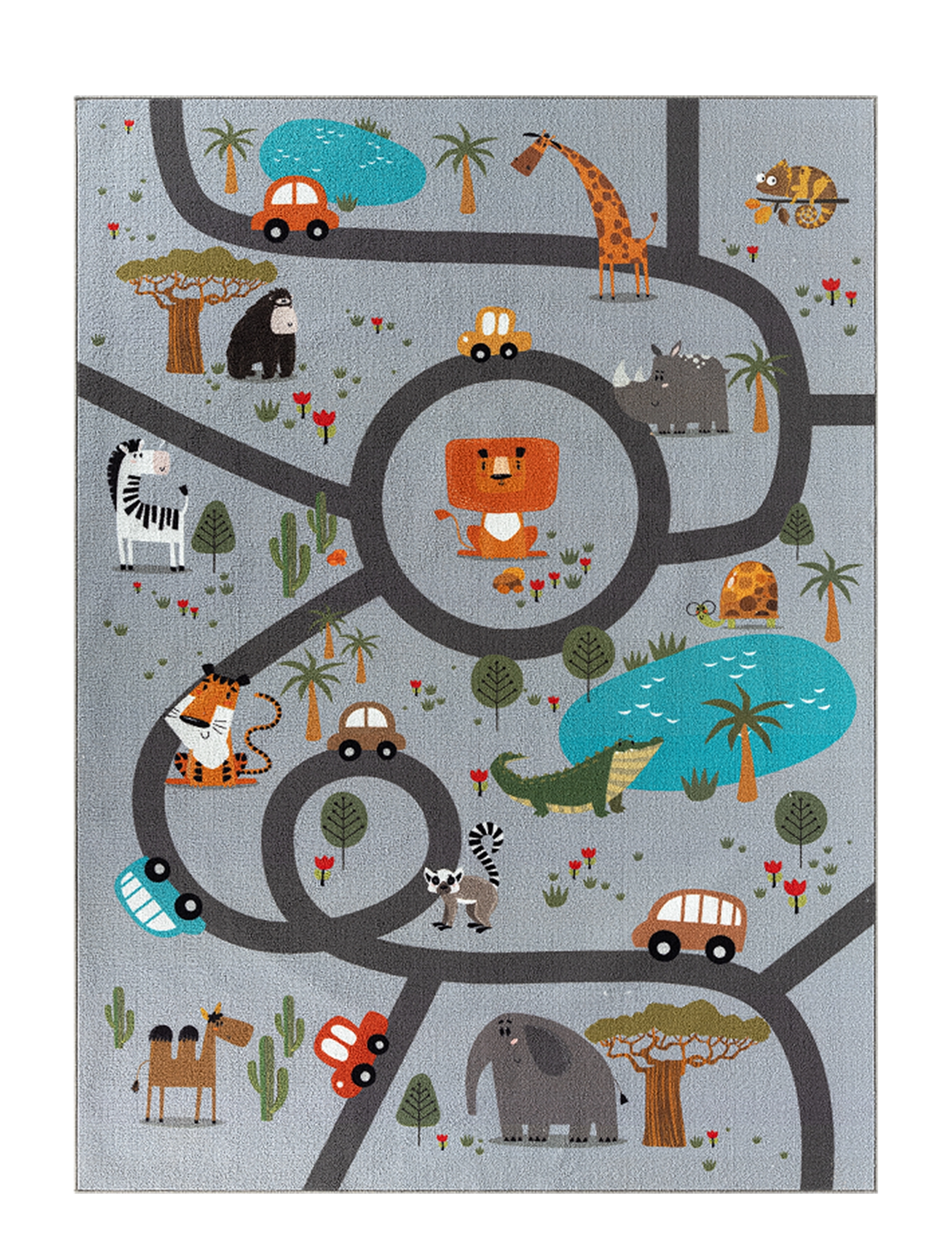 KM Home Play Animals, Firkantet tæppe, Grå, Str: 120X160CM
