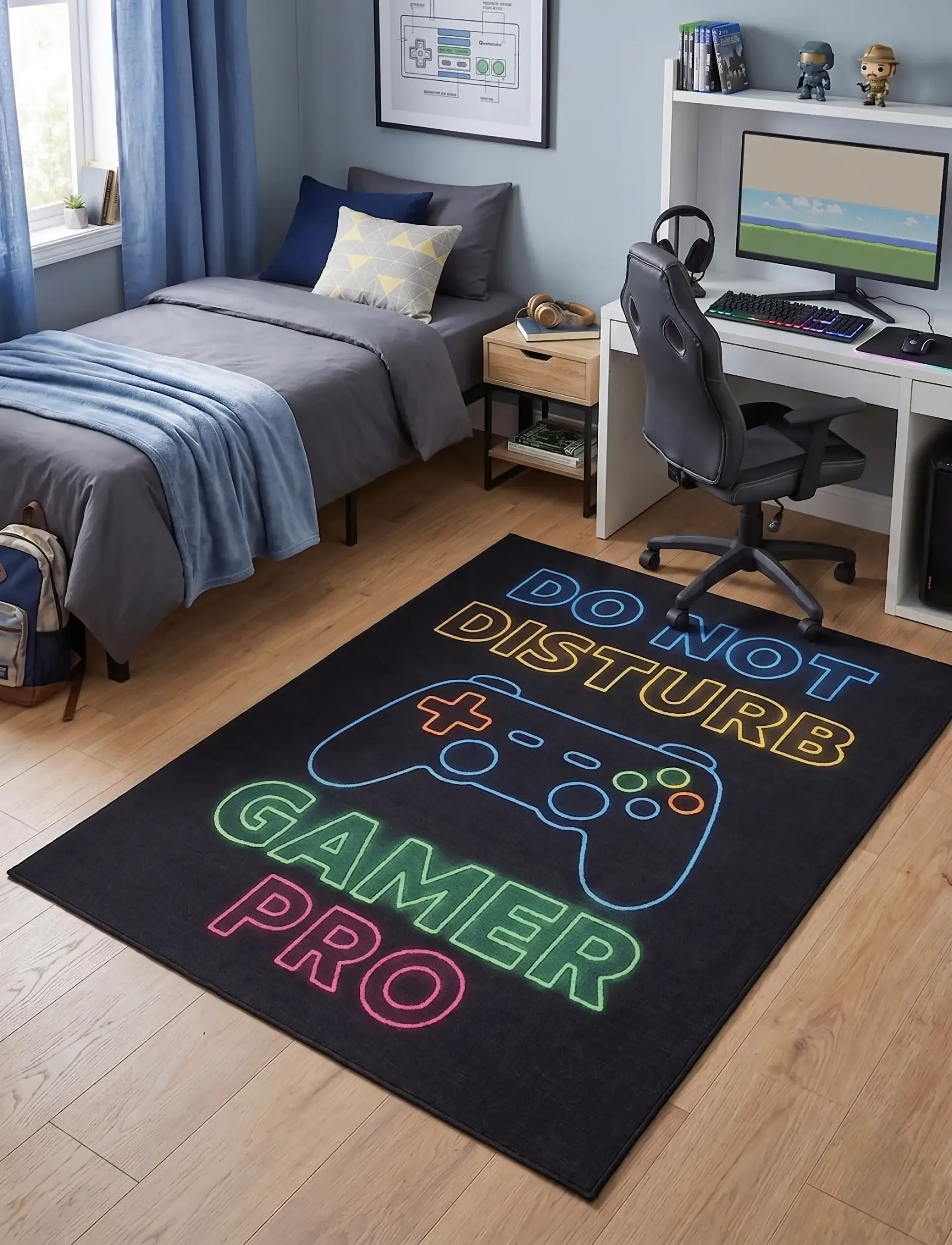 KM Home Play Gamer, 140X200 cm, Black, Tæpper Og Gulvtæpper > Rektangulære Tæpper, Børn