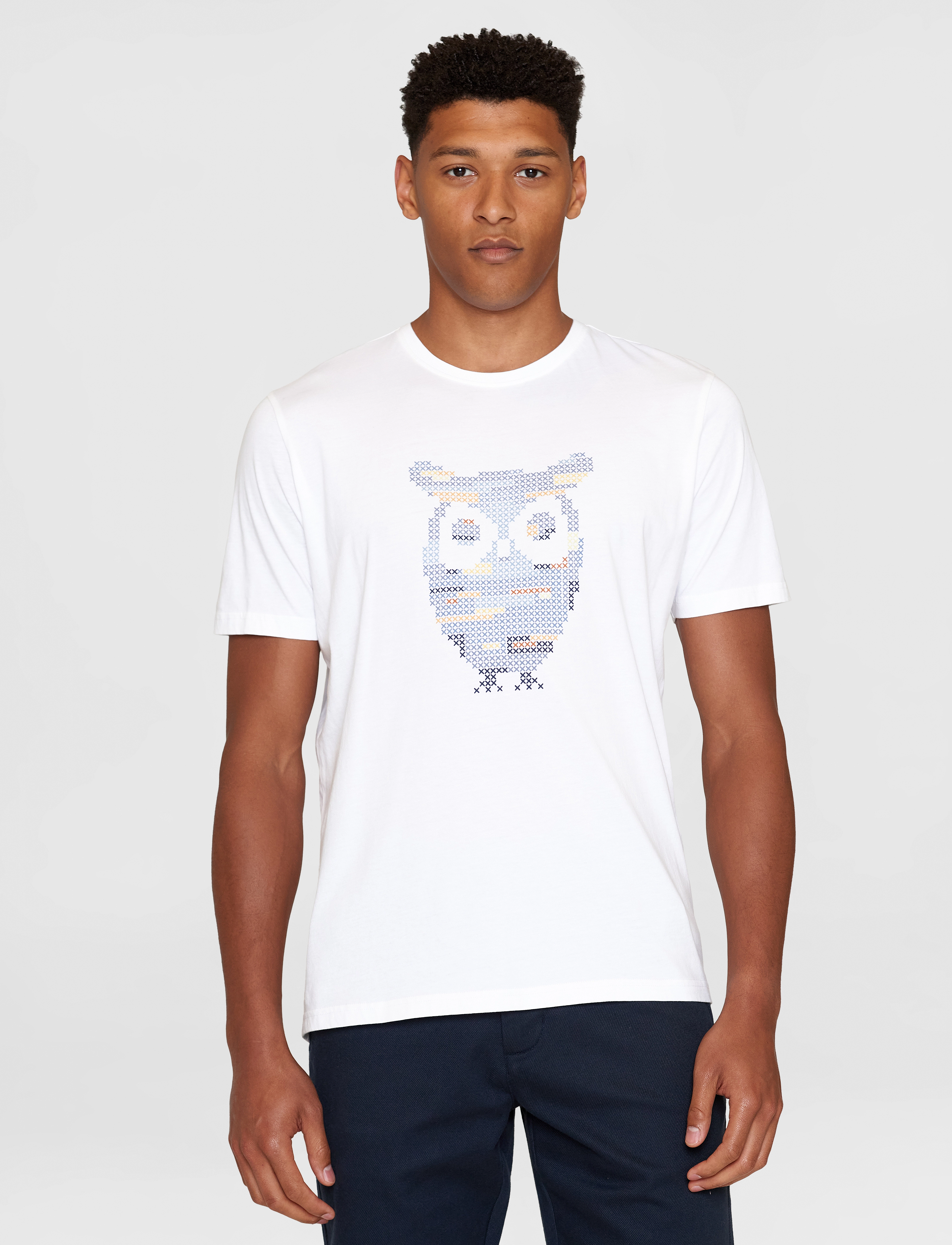 Knowledge Cotton Apparel - Single jersey big crosstitch print - bright white - 2