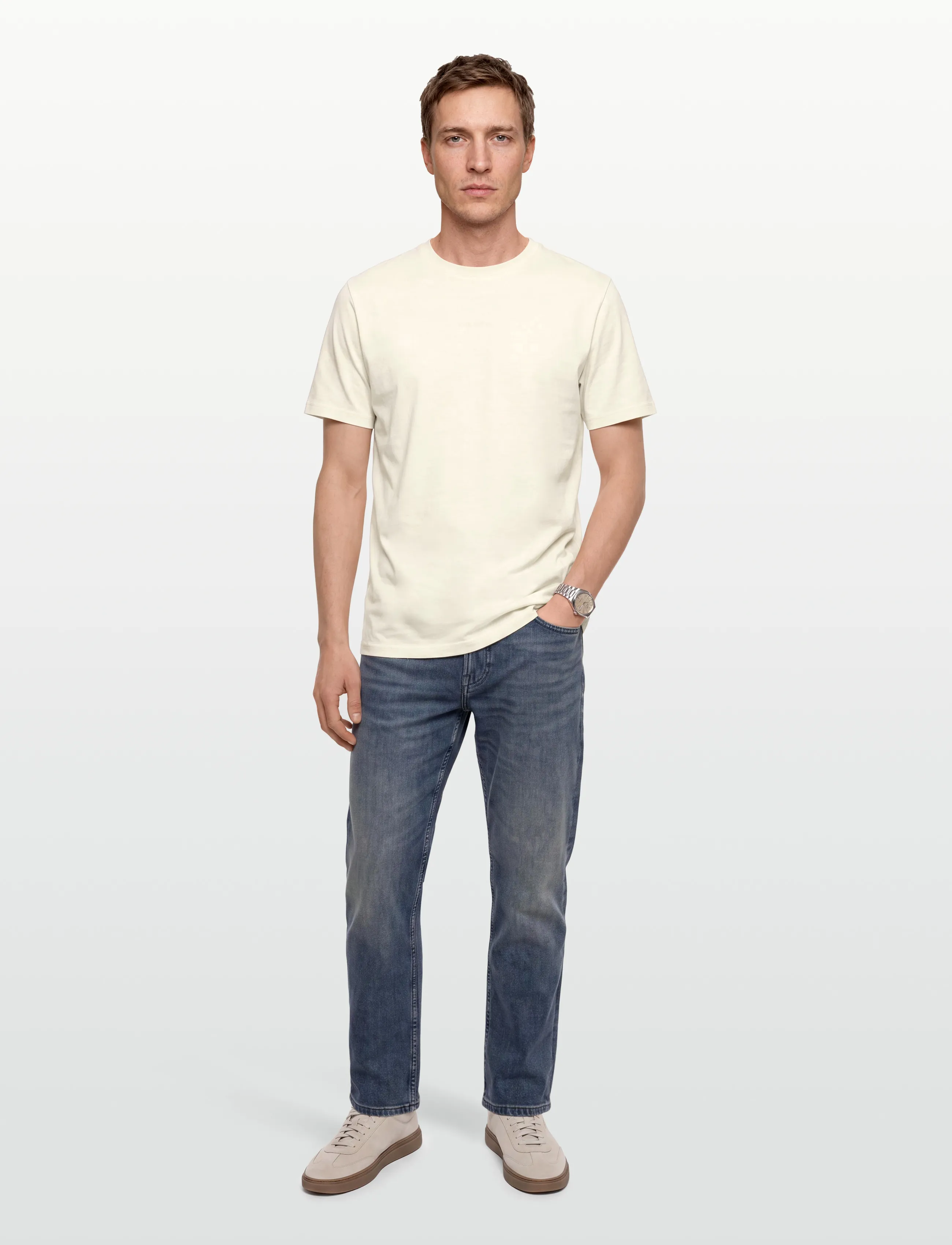 Knowledge Cotton Apparel Chest Embroidery T-Shirt, S, T-shirts, Creme - Short-sleeved, Männerswear
