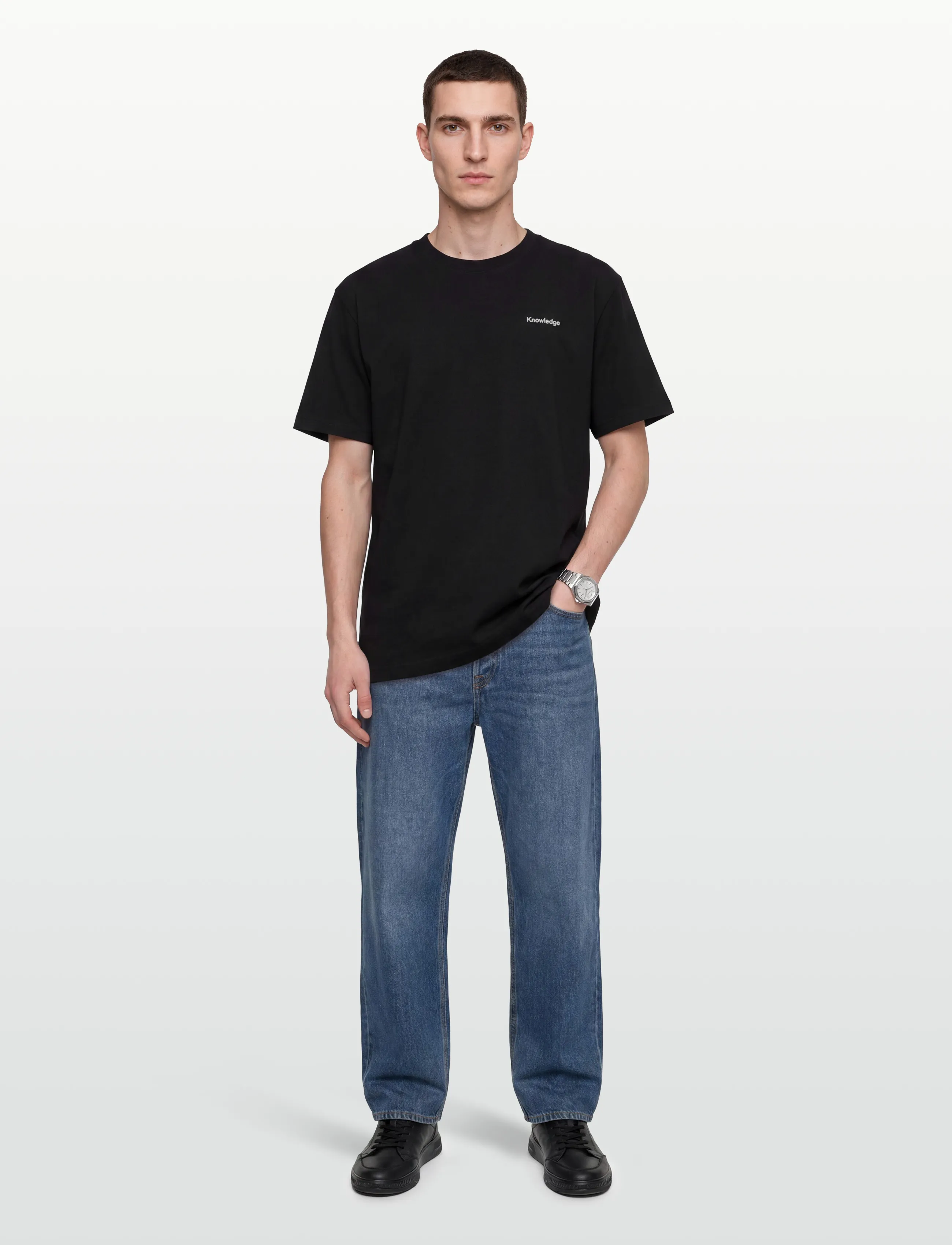 Knowledge Cotton Apparel Back Print T-Shirt, M, Black, T-Shirts > Kortærmede, Herre
