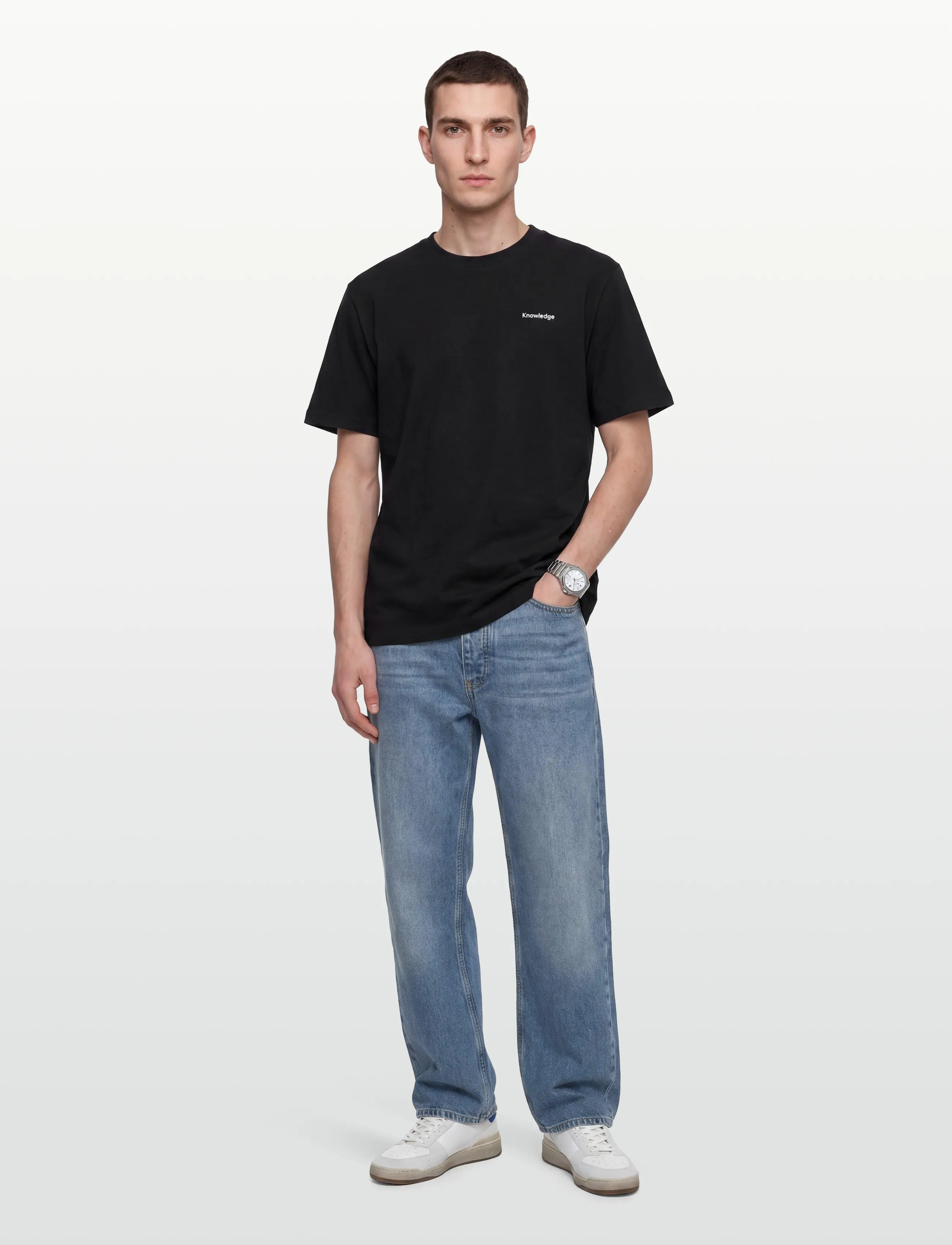Knowledge Cotton Apparel Back Print T-Shirt, L, Black, T-Shirts > Kortærmede, Herre