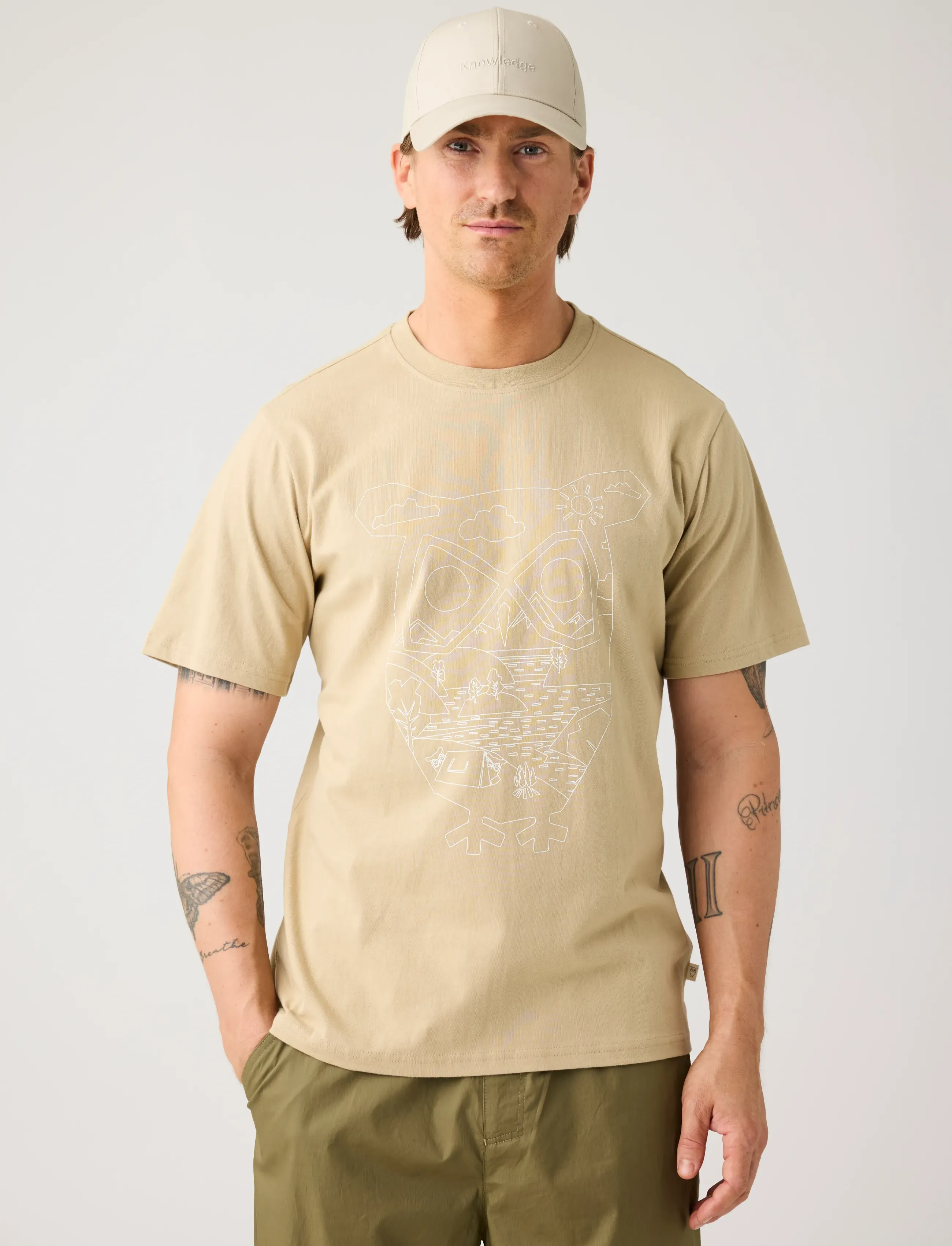 Knowledge Cotton Apparel Front Print T-Shirt, S, Beige, T-Shirts > Kortærmede, Herre