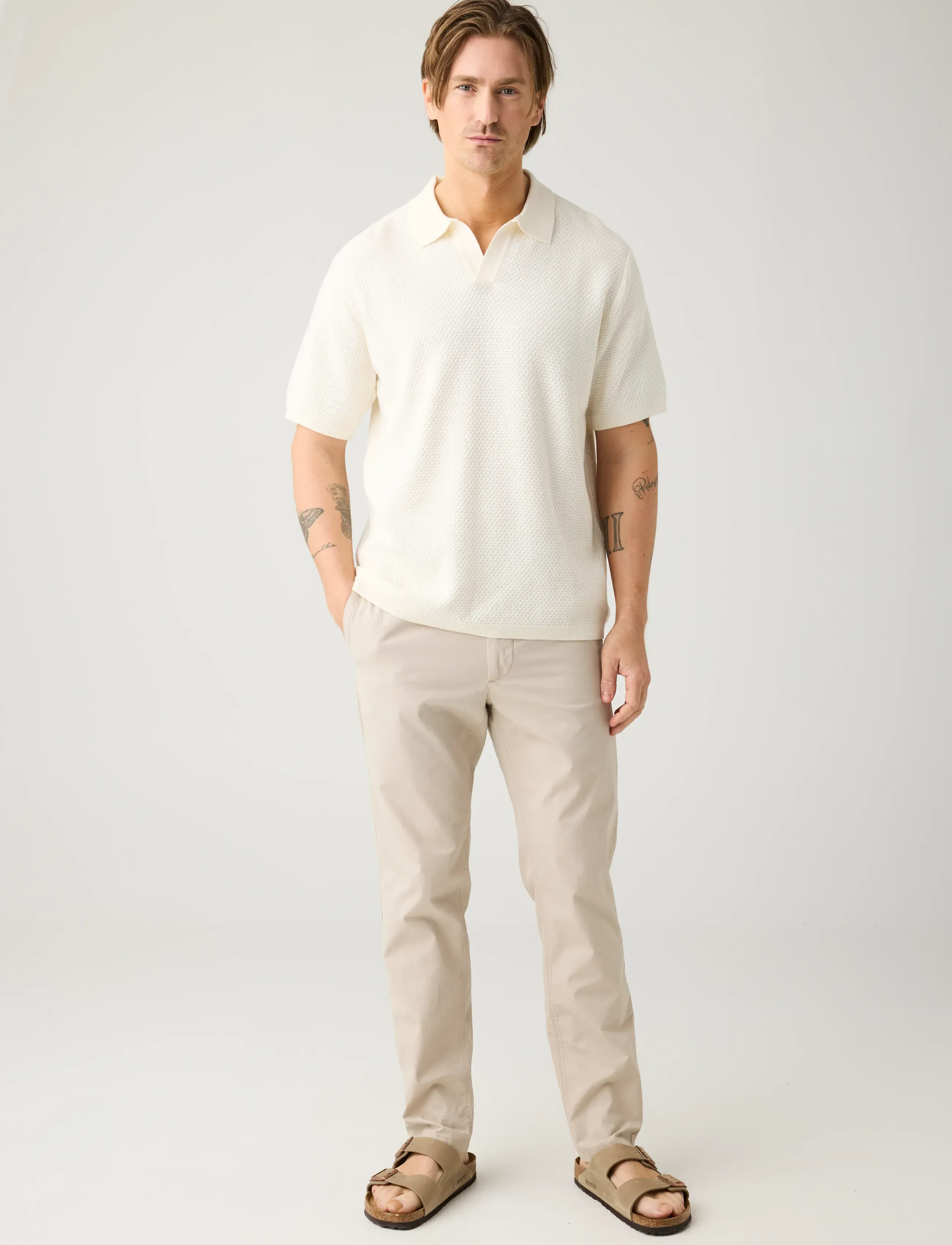 Knowledge Cotton Apparel Knitted Polo, M, Polos, Creme - Short-sleeved, Männerswear