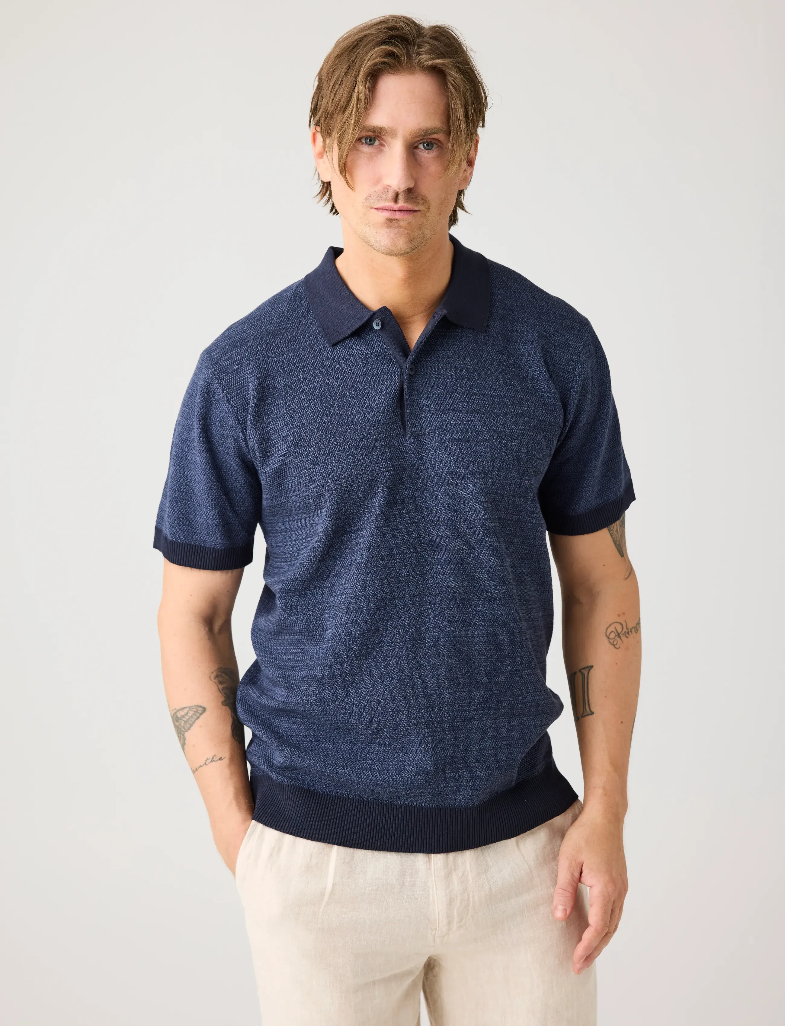 Knowledge Cotton Apparel Knitted Polo, XXL, Polos, Marineblau - Short-sleeved, Männerswear